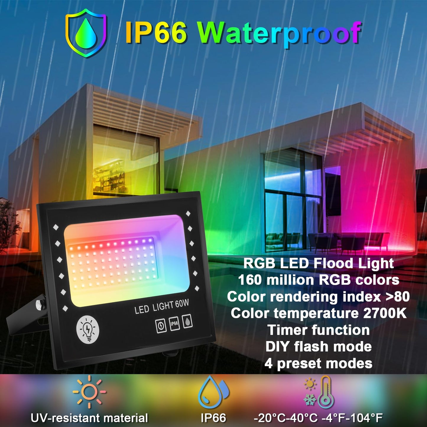 2 Pack LED Flood Light Outdoor 60W Equivalent 6000LM RGB Floodlight with APP Control, DIY Scenes, Timing, Music Sync, IP66 Waterproof Outdoor Lights