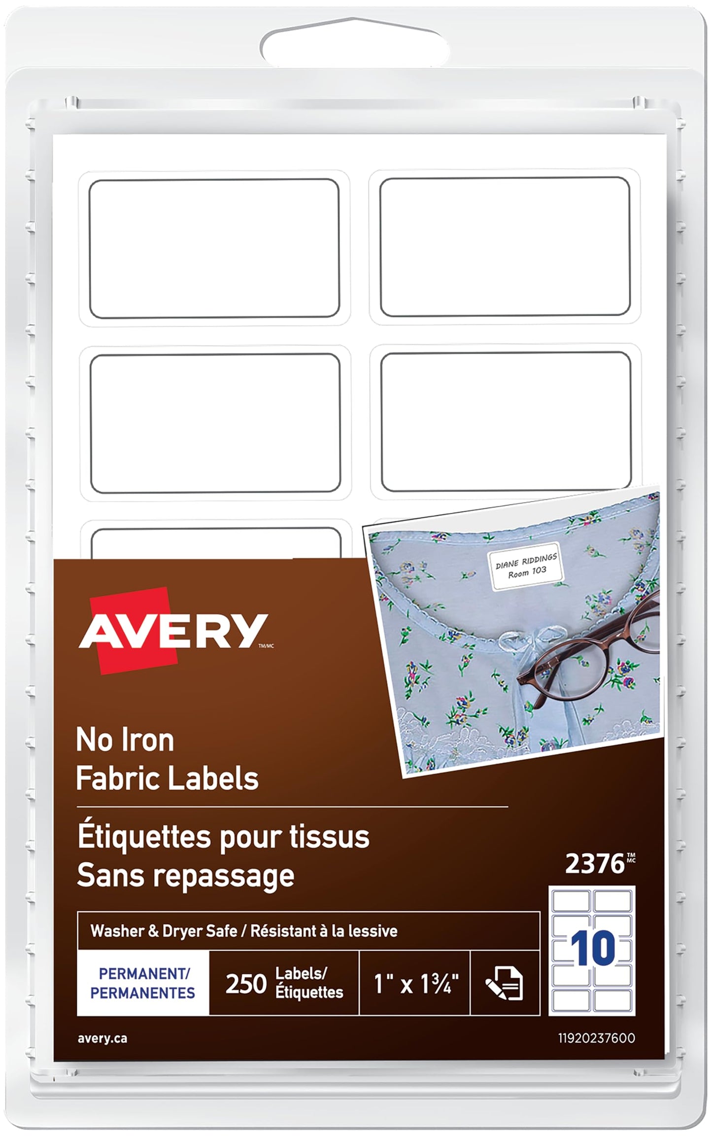 Avery No-Iron Fabric Labels, Nylon Woven Fabric, 1” x 1¾”, Durable Handwrite Permanent Fabric Labels, Sweatproof & Laundry Safe, Great for Hospitals, Nursing Home, Organizing, 250 Labels, (2376)