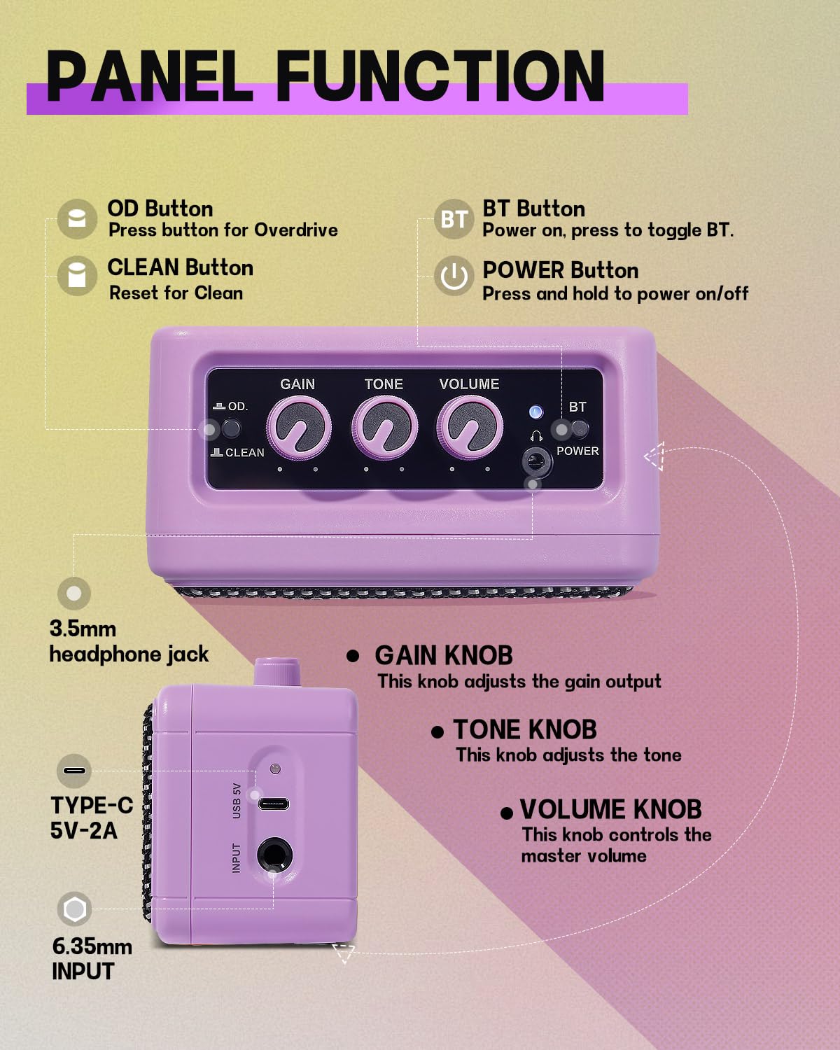 Leo Jaymz Mini Guitar Amplifier - 5W Dual Speaker BT Wireless Guitar Amp， Rechargeable Battery, Clean/Overdrive Modes, Headphone Jack,Ideal for Practice & Performance (Purple)