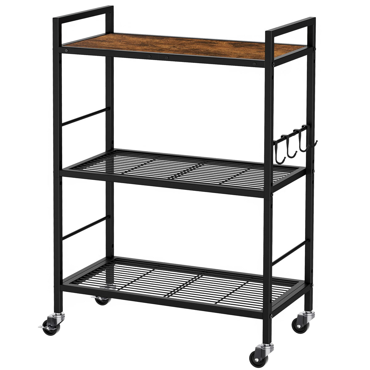 3-Tier Metal Storage Rack with Industrial Wheels,Mesh Shelving Unit with Wooden Table top,Adjustable Shelf,23.6-Inch Width,for Kitchen,Laundry,Pantry,Plant,Black