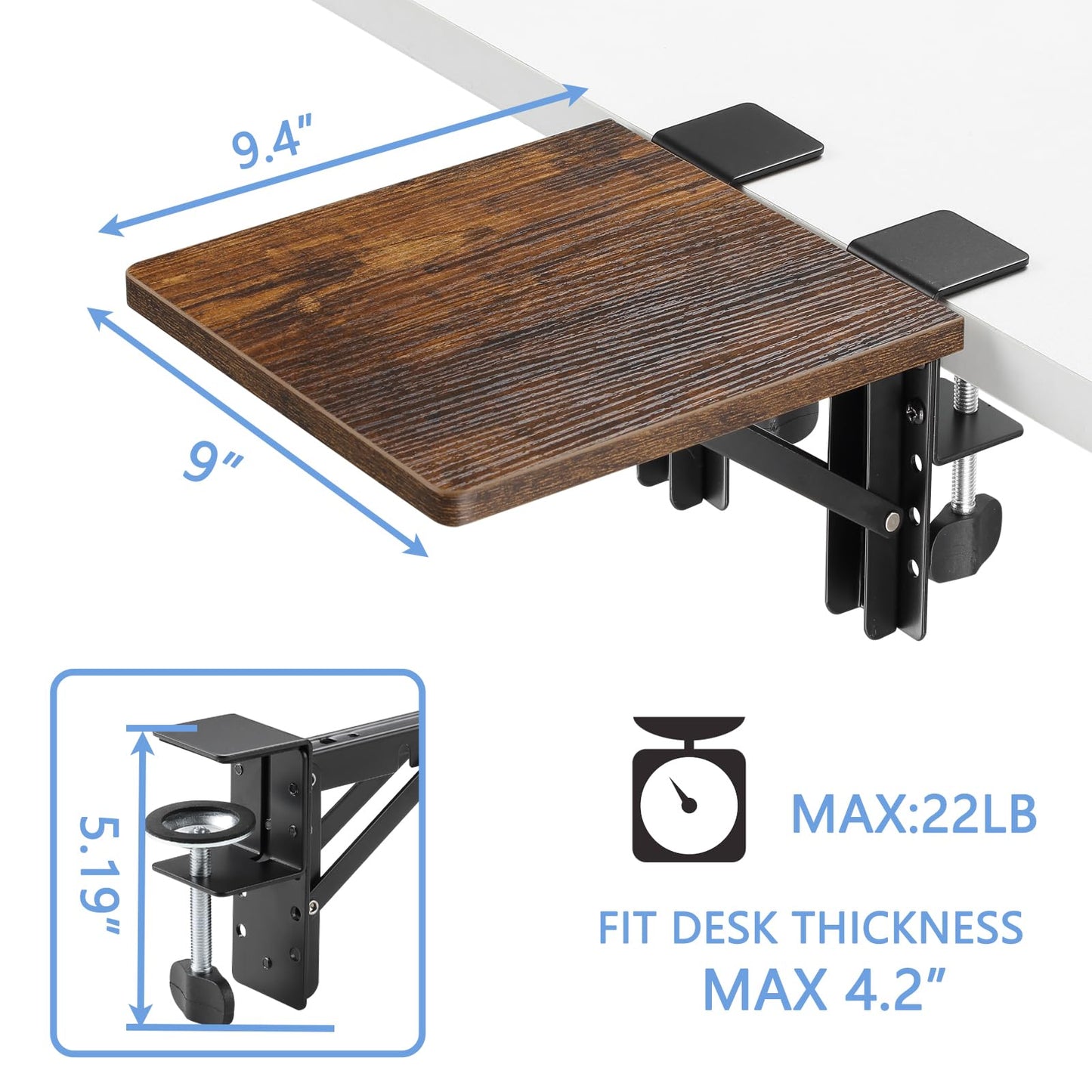 ETHU Armrest Support Desk Extender Tray - Compact 9.4"x9" Foldable Armrest Shelf with Wrist Rest, Clamp On Ergonomic Platform for Office Desk, Walnut