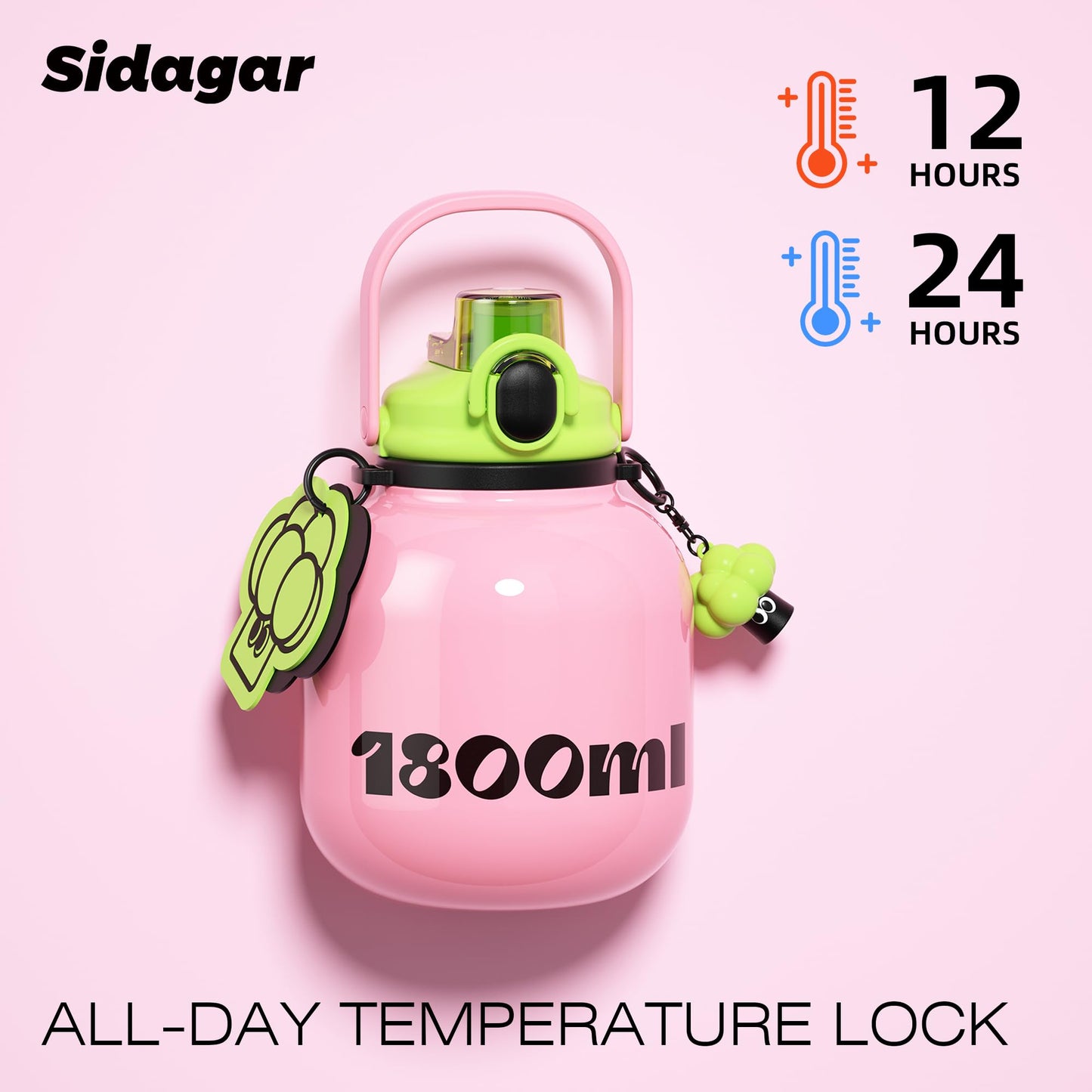 Sidagar 60 oz Half Gallon Insulated Water Bottle with Handle, 316 Stainless Steel Leakproof Large Travel Flask with Cute Doll Charm, Aesthetic Strawberry Pink Gift for Women Girl