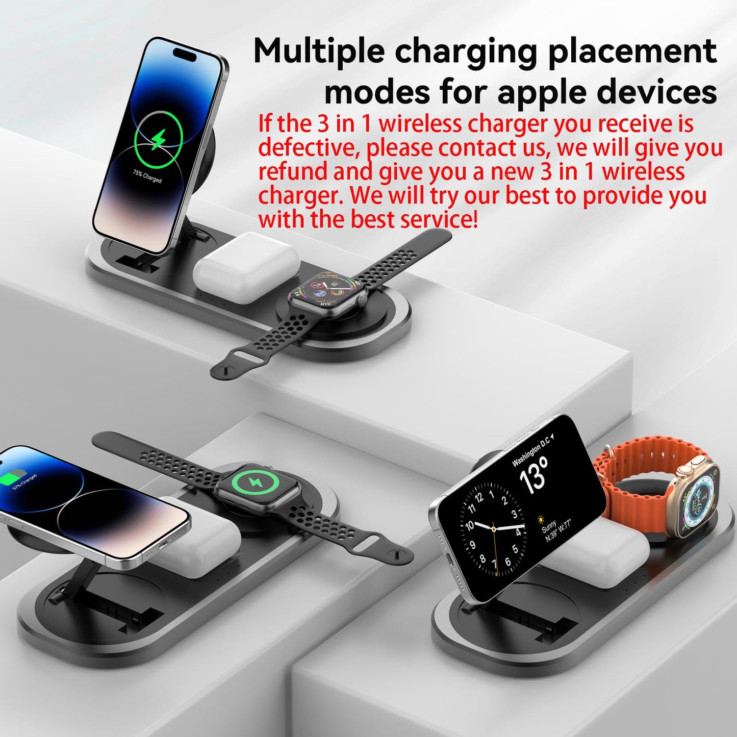 3 in 1 Fast Wireless Charger Stand for iPhone, Foldable Travel Charging Station for Magsafe for iPhone 17/Air/16/15/14/13/12 Series, Apple Watch Series, AirPods pro/2/3/4, Gifts for Women Men (Black)