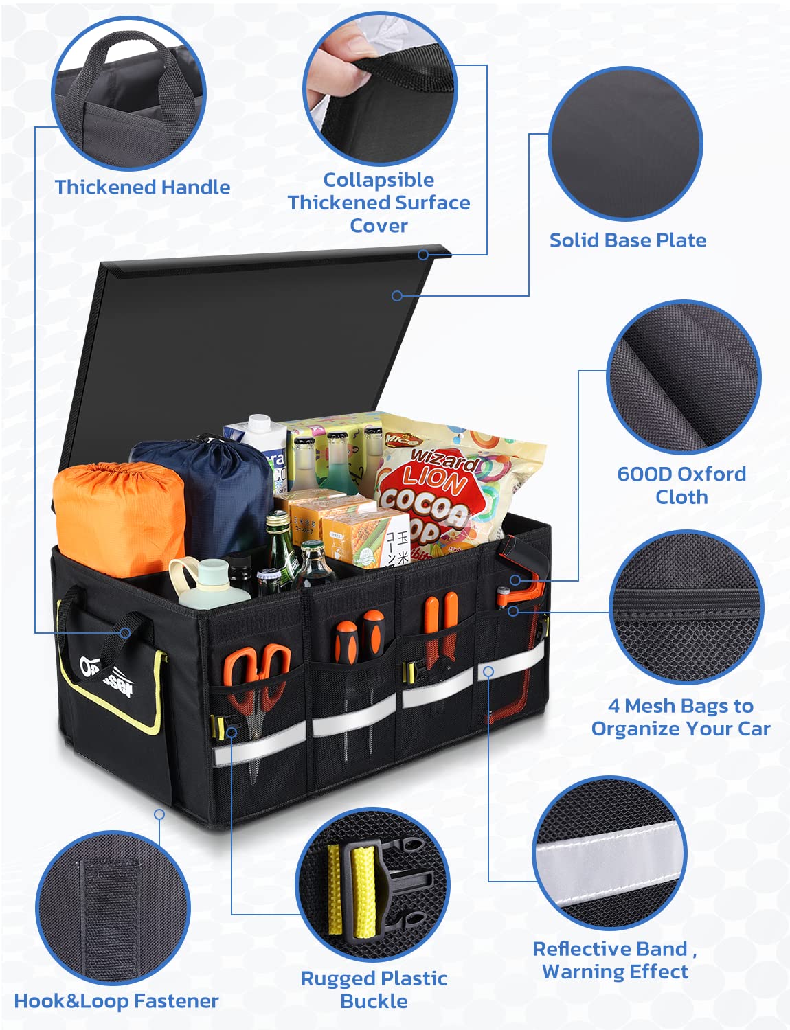 Oasser Car Trunk Organizer for SUV, Car Trunk Storage Organizer Collapsible Multi-compartments Cargo Storage Box with Foldable Cover, Reflective Strip, Non Slip Bottom E3A Black