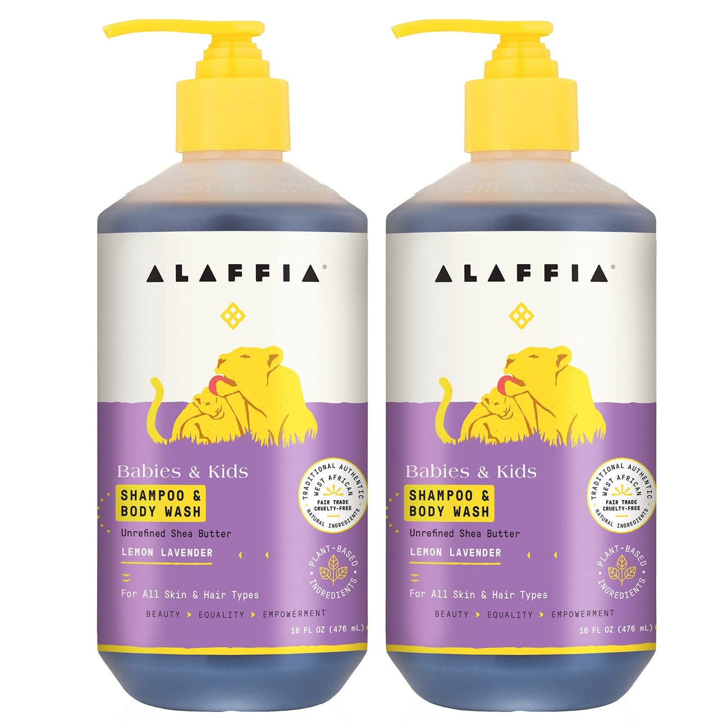 Alaffia Babies and Kids Shampoo and Body Wash, Gentle and Calming Support for Soft Hair and Skin with Shea Butter, Neem, and Coconut Oil, Fair Trade, Lemon Lavender 2 Pack – 16 Fl Oz Ea