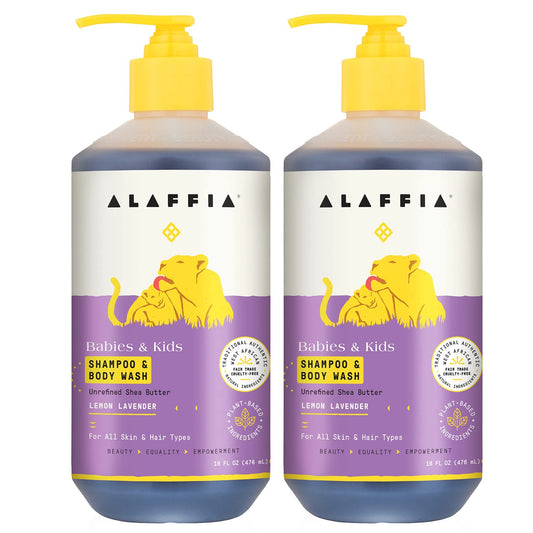 Alaffia Babies and Kids Shampoo and Body Wash, Gentle and Calming Support for Soft Hair and Skin with Shea Butter, Neem, and Coconut Oil, Fair Trade, Lemon Lavender 2 Pack – 16 Fl Oz Ea