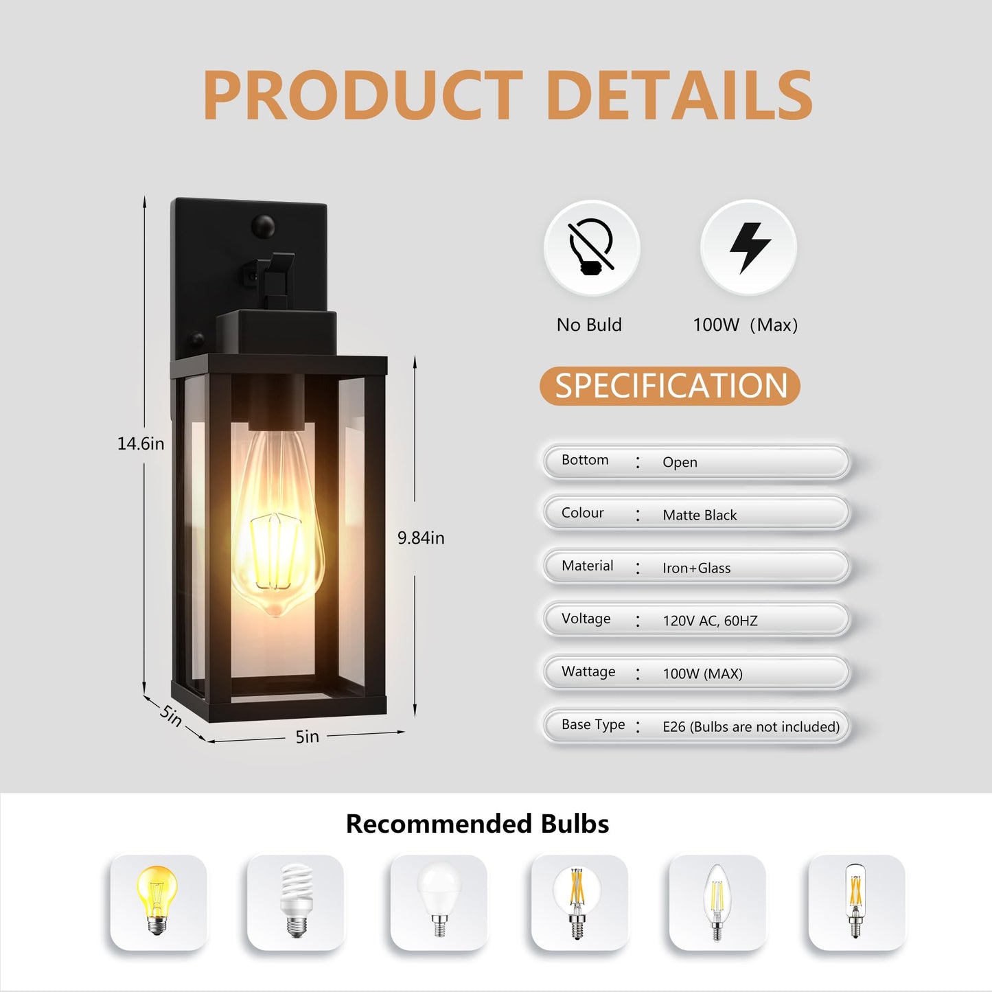 Kainozoic Outdoor Wall Light Fixtures Anti-Rust Porch Lights Outdoor Waterproof Exterior Lighting Fixtures Wall Lantern for Patio Front Door Garage