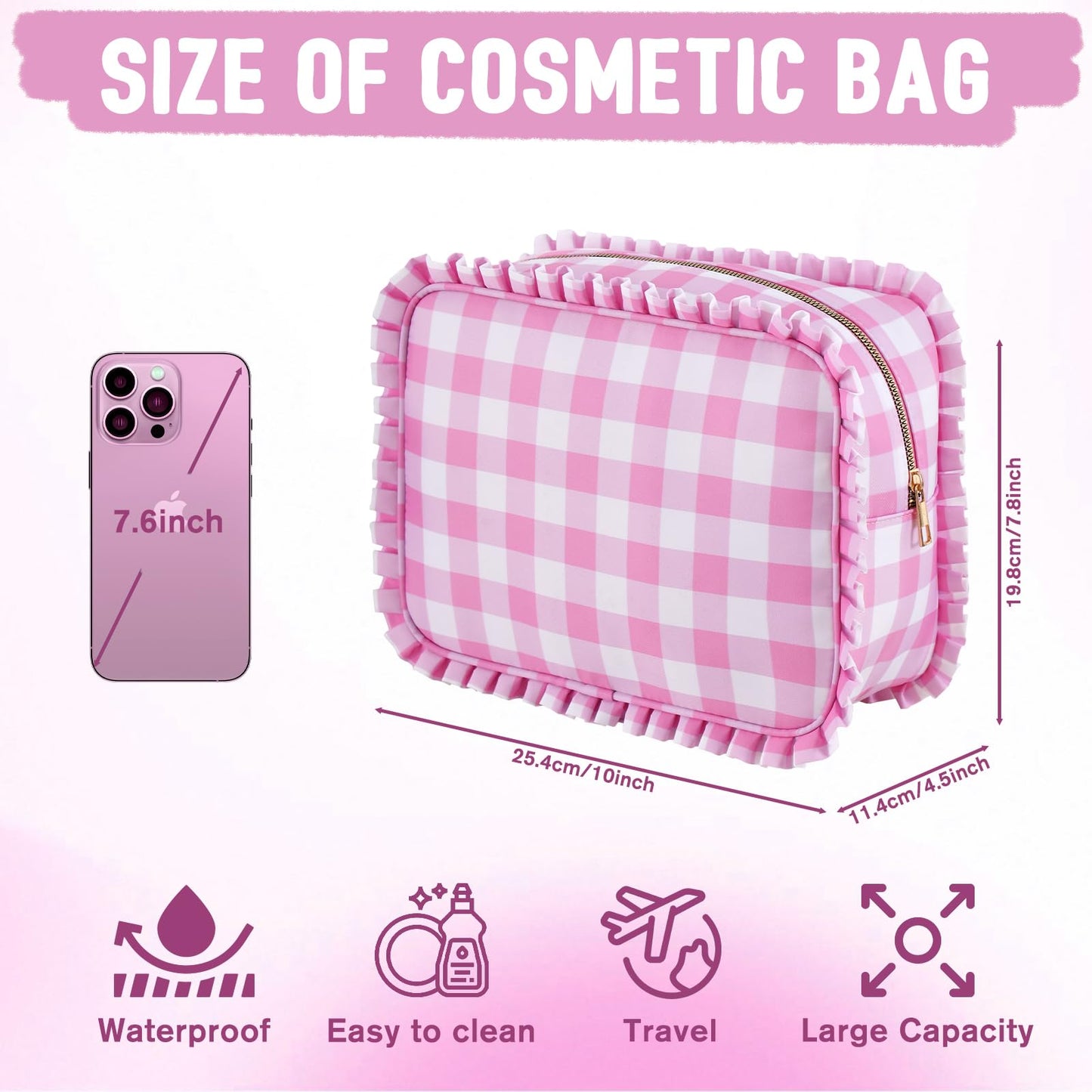 EMBRUNIOICE Gingham Ruffle Makeup Bag,Large Travel Cute Cosmetic Bag for Women Girls,Toiletry Bag Make up Organizer 11.8 x 4.7 x 9 inch (Pink Gingham)