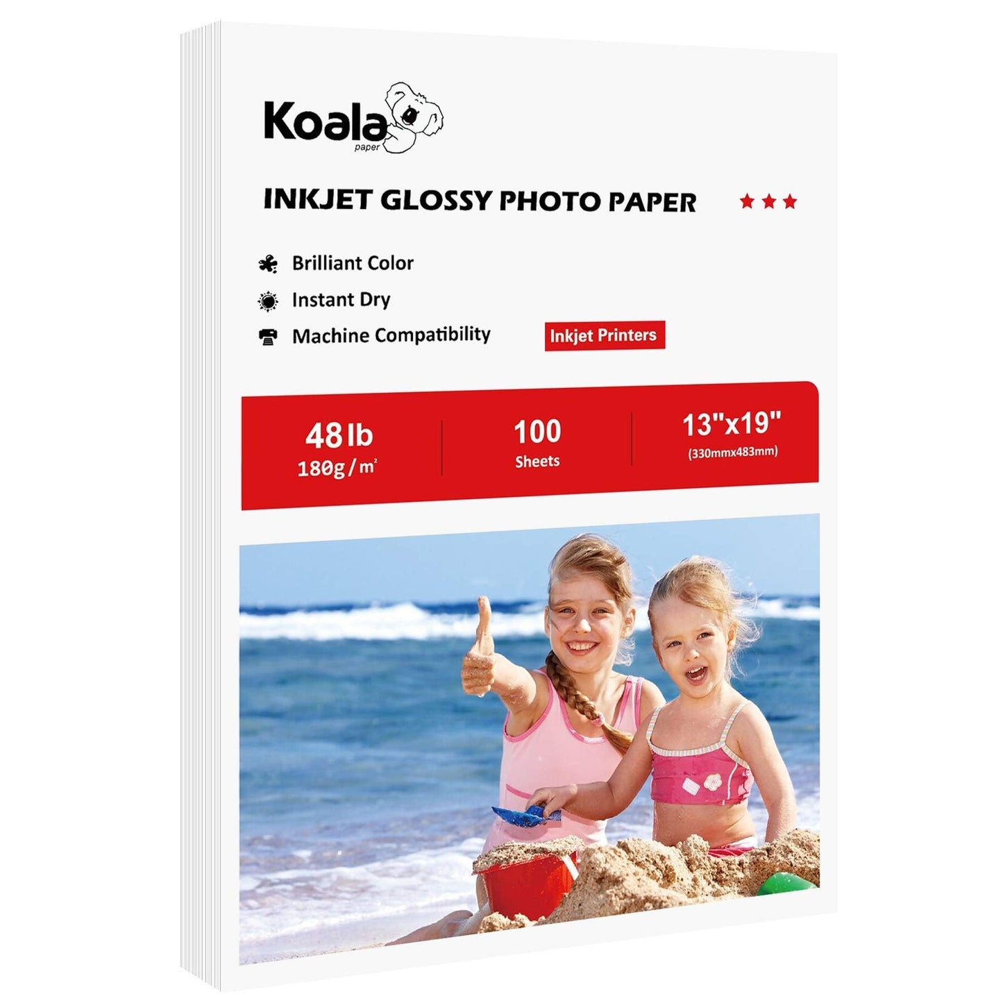 Koala Glossy Inkjet Photo Paper 13X19 Inches 48lb 100 Sheets Professional Glossy Photographic Paper Compatible with Inkjet Printer Use DYE Ink 180GSM