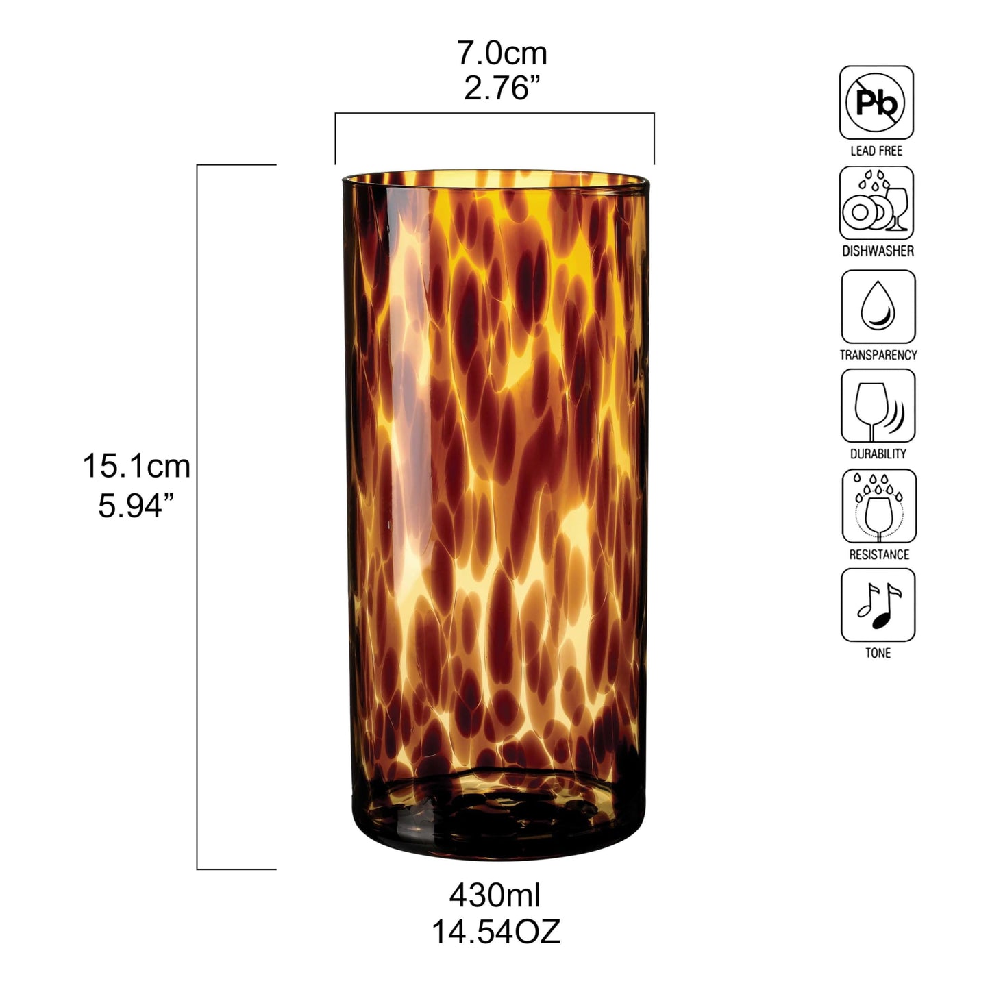 Joseph Sedgh Collection Tortoise Shell Highball Glass Set of 4 – 14.54 oz Borosilicate Cocktail & Water Glasses – Durable, Lead-Free, Dishwasher Safe – Elegant Gift Packaging