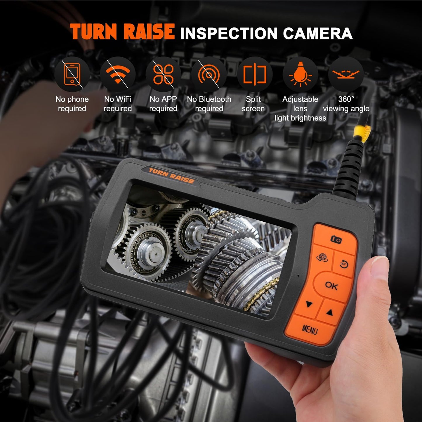 Triple-Lens Borescope Inspection Camera With 50 FT Semi-Rigid Cable, 5" IPS Screen Endoscope With Light, 1080P Sewer IP67 Drain Snake, 32G Storage Card, Carrying Case