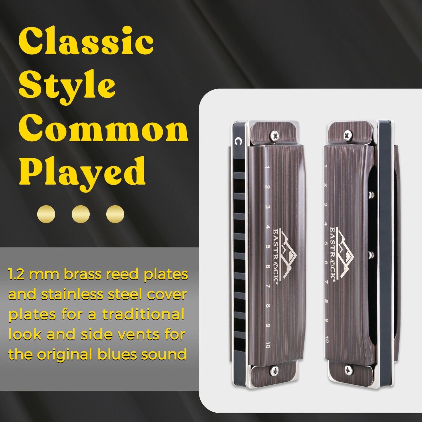 EastRock Harmonica, Blues Harmonica Mouth Organ 10 Hole C Key with Case, Diatonic Harmonica for Professional Player, Beginner, Students, Adult, Friends, Gifts（Brushed Metal）