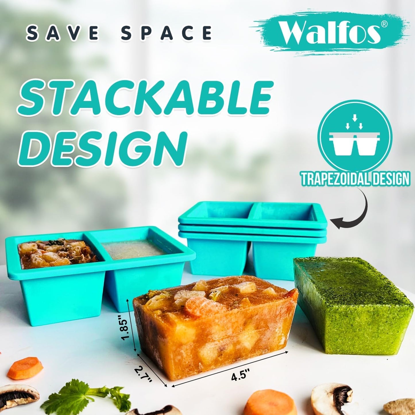 Walfos 1-Cup Silicone Freezer Molds with Lid, 4 Packs Soup Freezer Ice Cube Tray for Food, Silicone Food Freezing Container for Storing and Freezing Soup, Broth, Sauce and Ice.Aqua Color