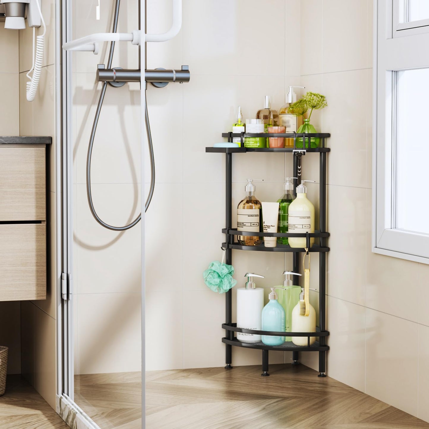 HapiRm Standing Shower Caddy Corner - 3 Tier Corner Shower Shelves with Soap Holder and 4 Hooks, Rustproof Shower Organizer Corner with Adhesives, Black