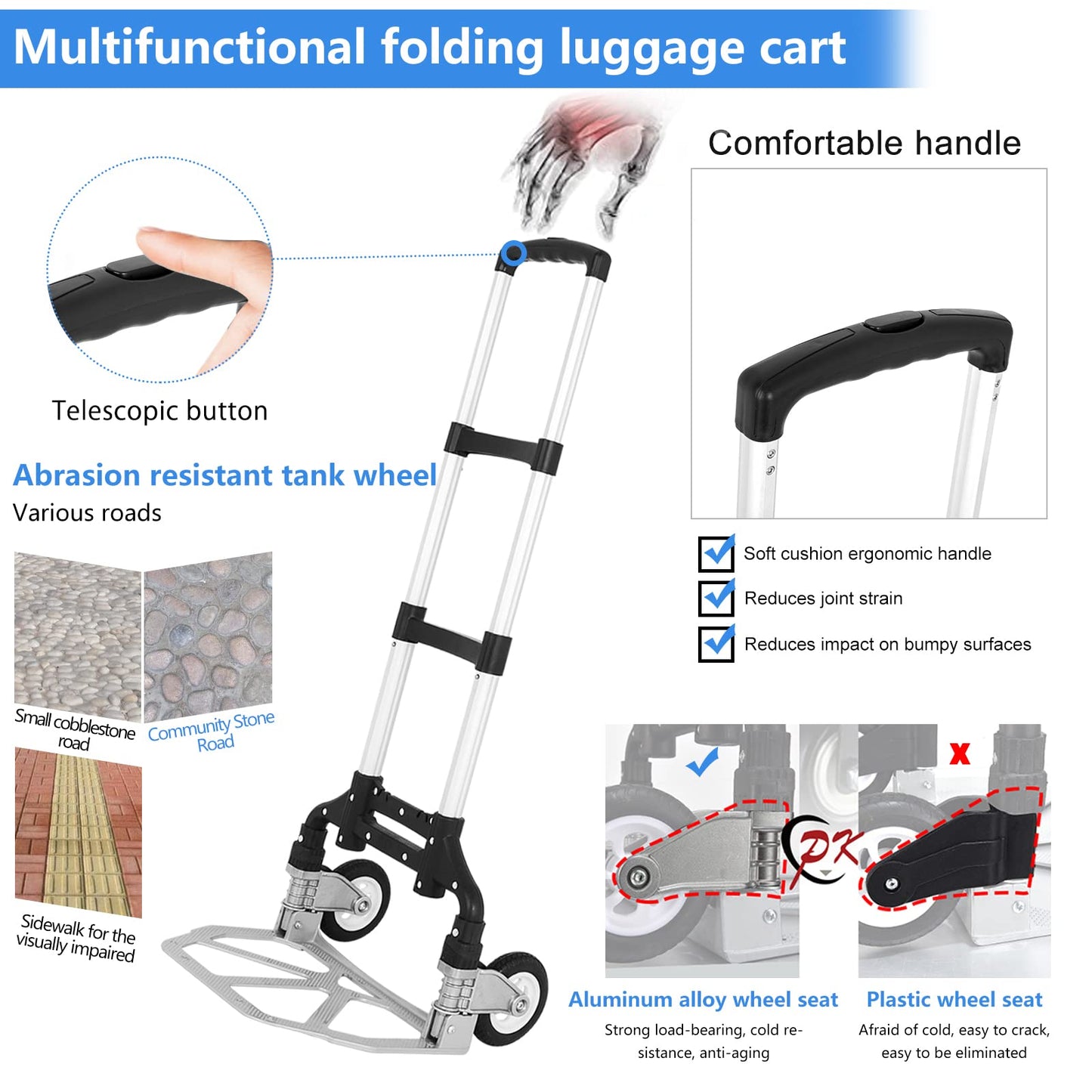 AKOZLIN Hand Truck Folding Portable 180lbs Capacity Aluminum Alloy Plate Luggage Cart Foldable Height Adjustable Hand Cart with 2 Wheels/Fixed Rope for Home, Auto, Office,Travel Use
