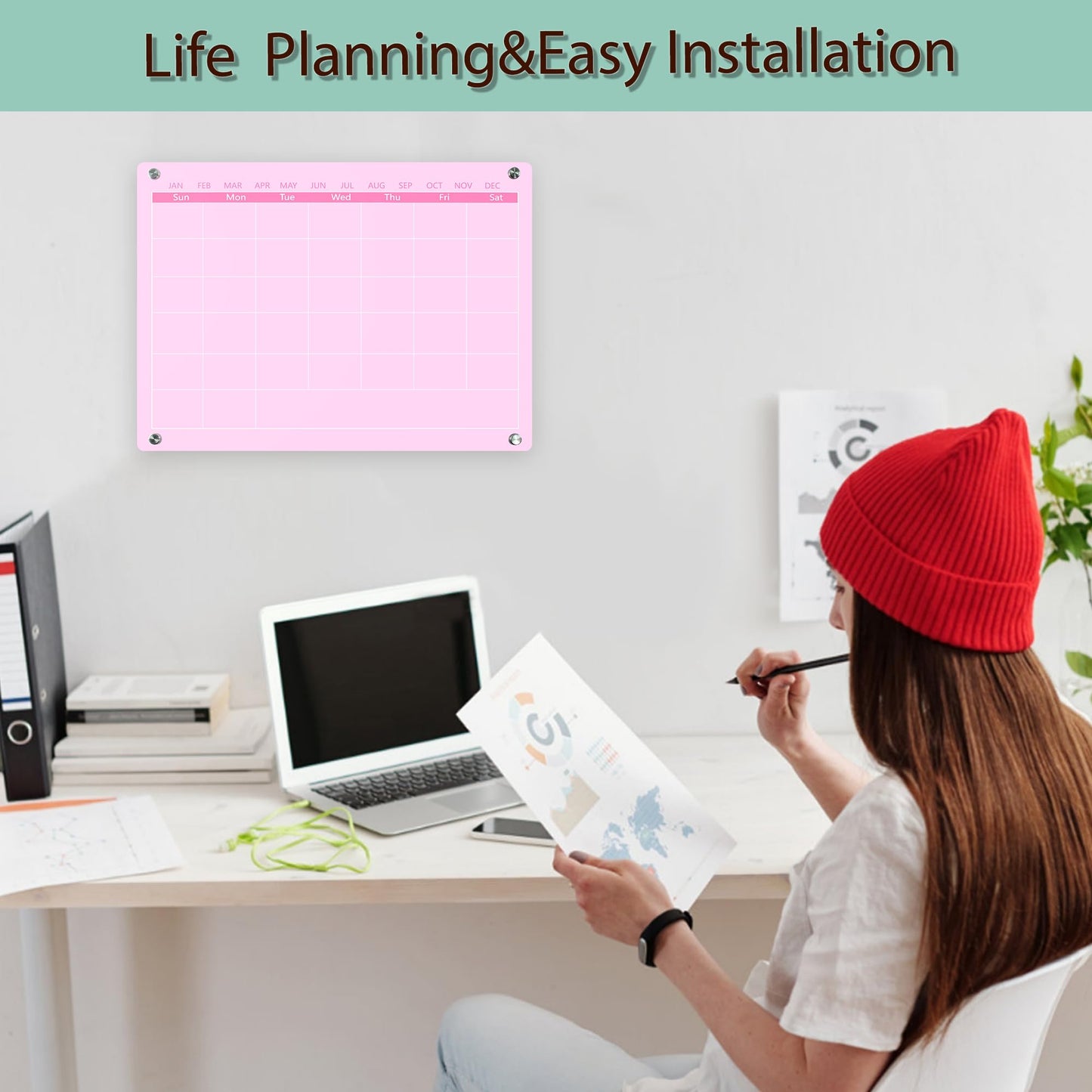 Marribol Acrylic Calendar for Wall,30x40cm,Acrylic Monthly Calendar for Wall,Pink Dry Erase Board for Home Office School