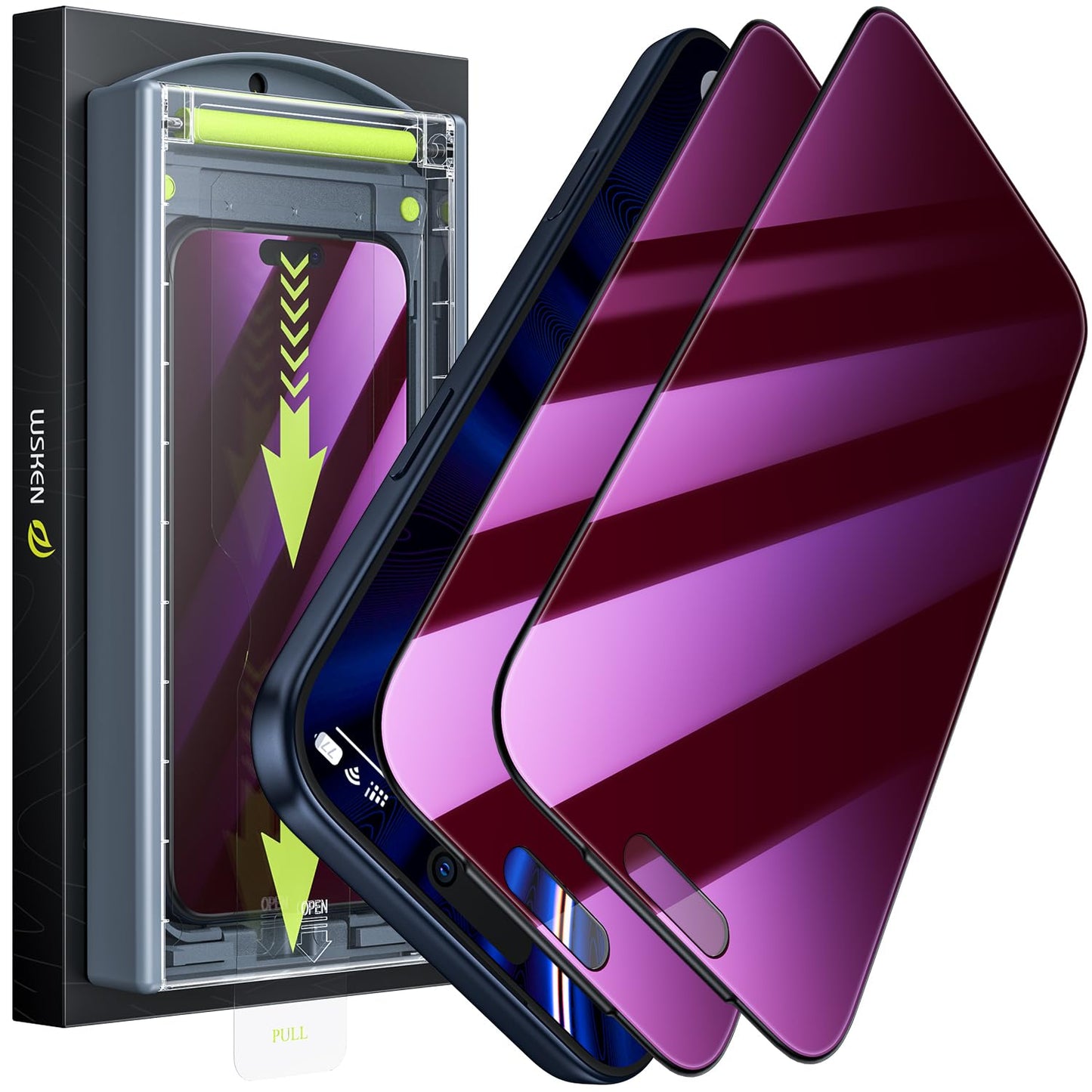 WSKEN for iPhone 17 Pro Max Privacy Screen Protector - Purple Gradient Anti Blue Light Eye Protection [Auto-Dust Removal] Shatterproof Tempered Glass Screen Protector 17 Pro Max, 2 Pack