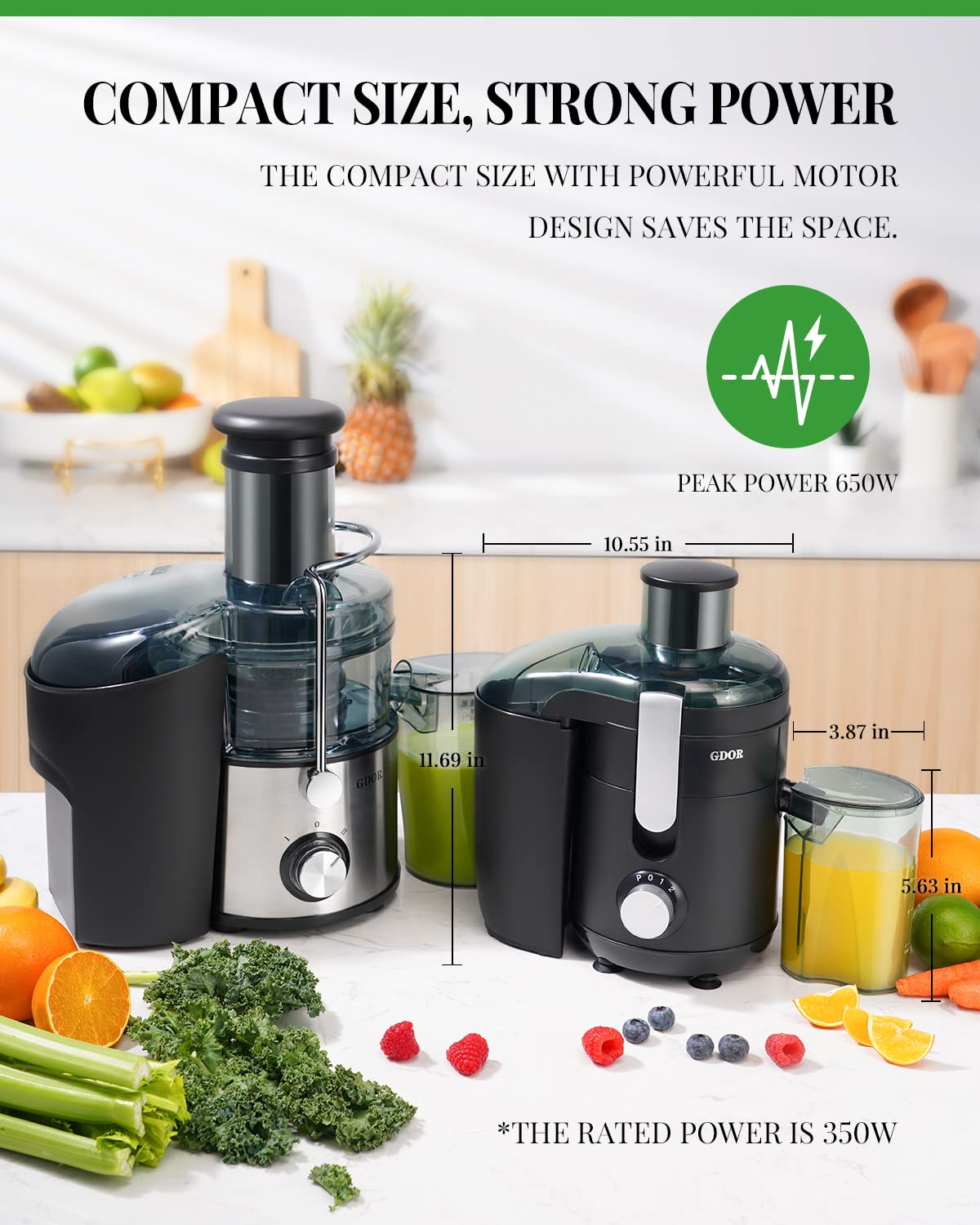 GDOR Juicer Machine, Electric Centrifugal Juicer with Titanium Enhanced Cut Disc, Dual Speeds with 2.5" Feed Chute, for Fruits and Veggies, Anti-Drip, Includes Cleaning Brush, BPA-Free Black