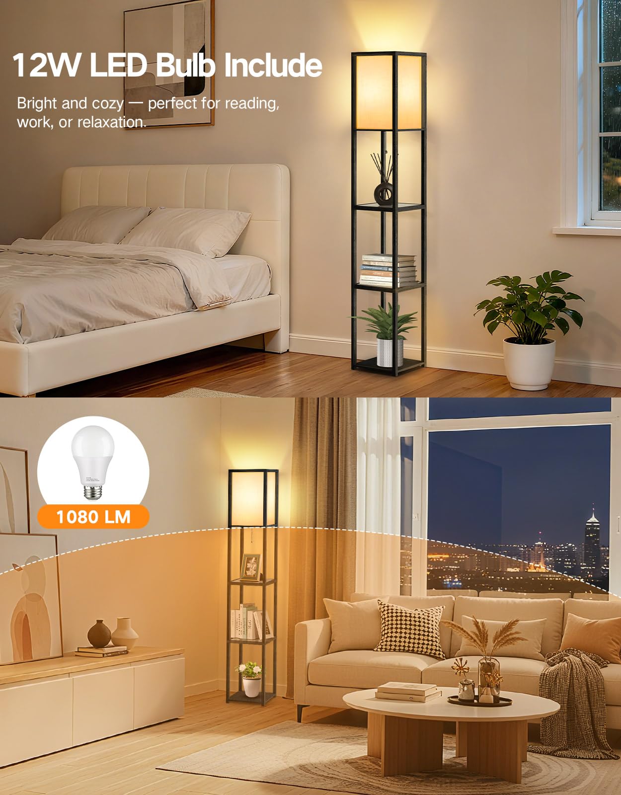 OUTON Floor Lamp with Glass Shelves, 12W LED Bulb, Large Storage Display Wood Shelf Lamp 3 Color Temperature, LED Tall Standing Modern Bookshelf Lamps for Living Room, Bedroom, Office, Black