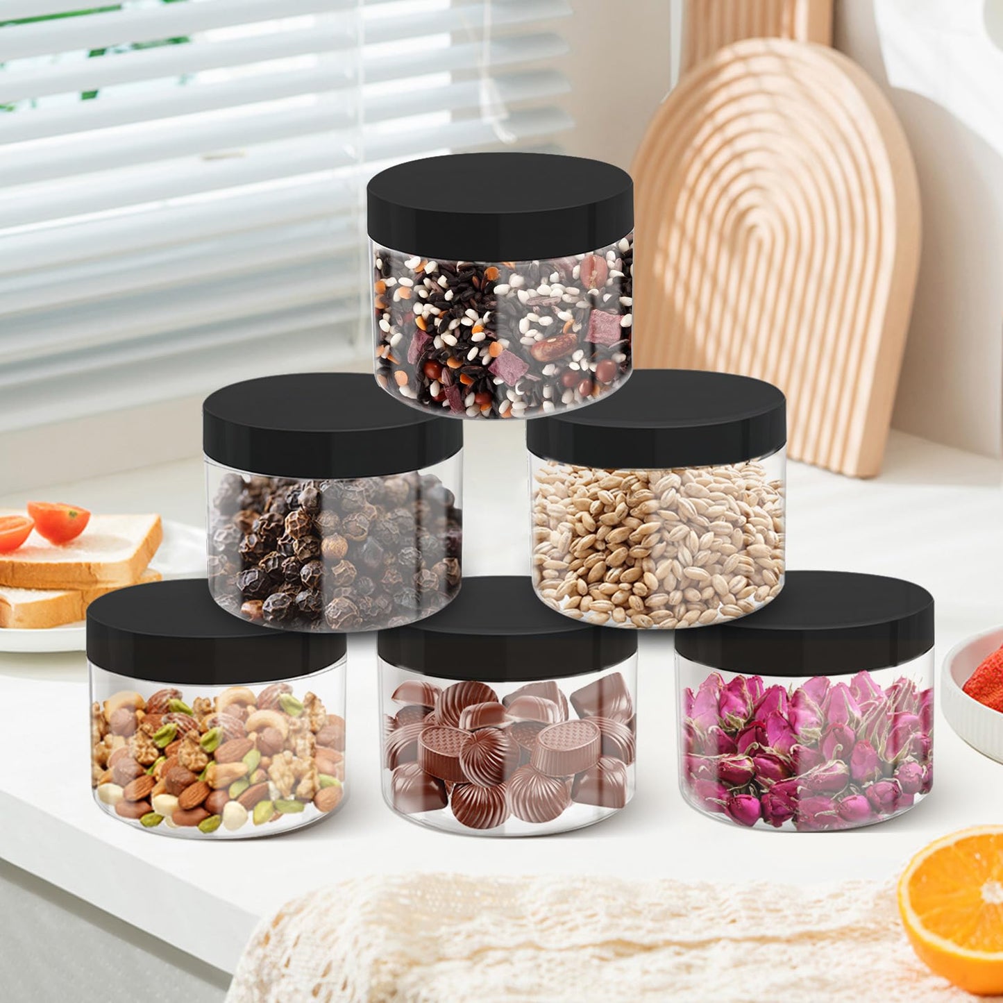 ZISDHNEO 50 Pcs 10 Oz Plastic Jars with Lids Containers Storage Airtight Wide Mouth Food Jar Clear Cylinder Container for Grocery Kitchen Dry Food Butter Honey