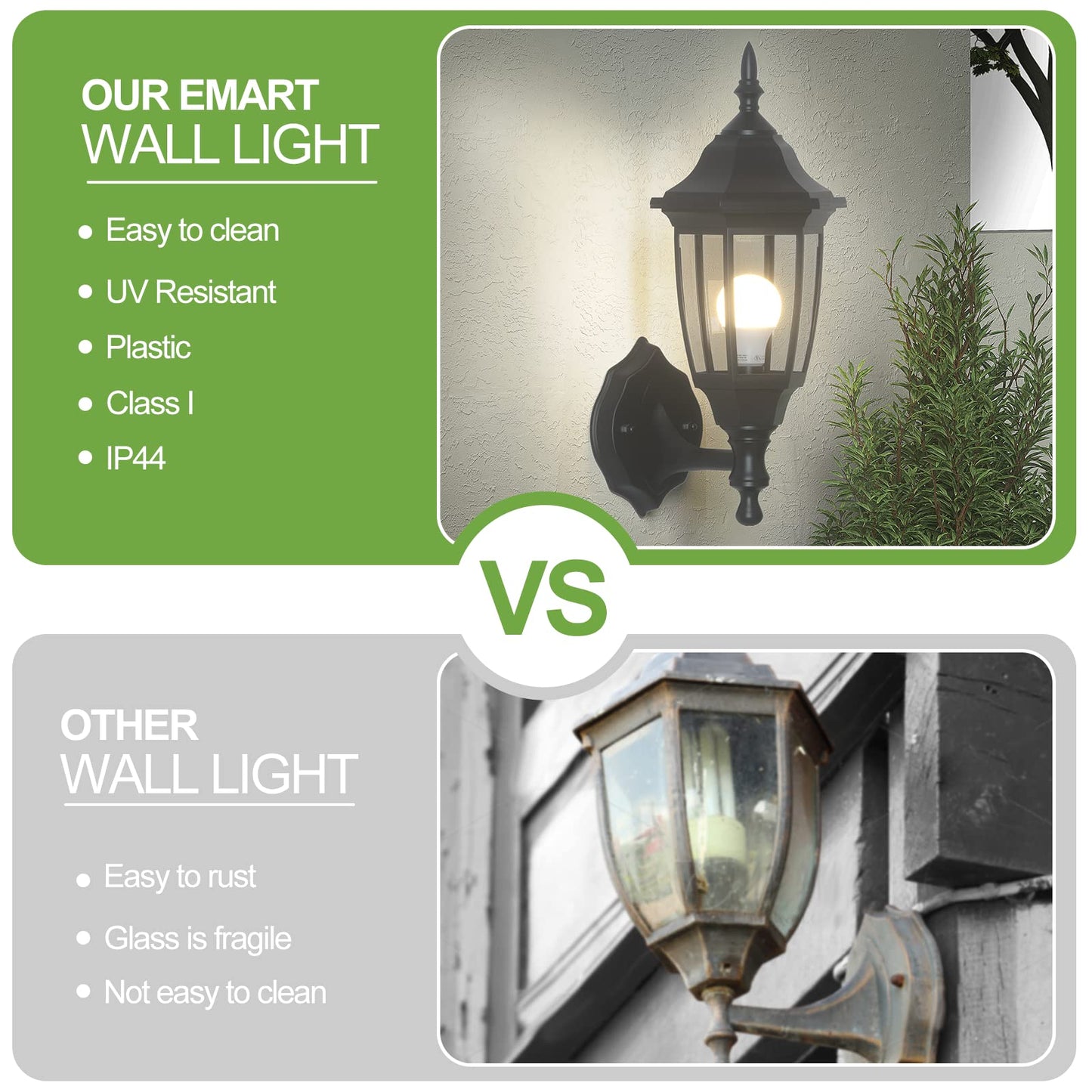 EMART Outdoor Porch Light, Exterior Wall Mount Lantern Fixtures, Anti-Corrosion Waterproof Plastic Material, E26 Socket Lamp for House, Garage, Outside, Backyard, Black, 2 Pack (Bulb Included)