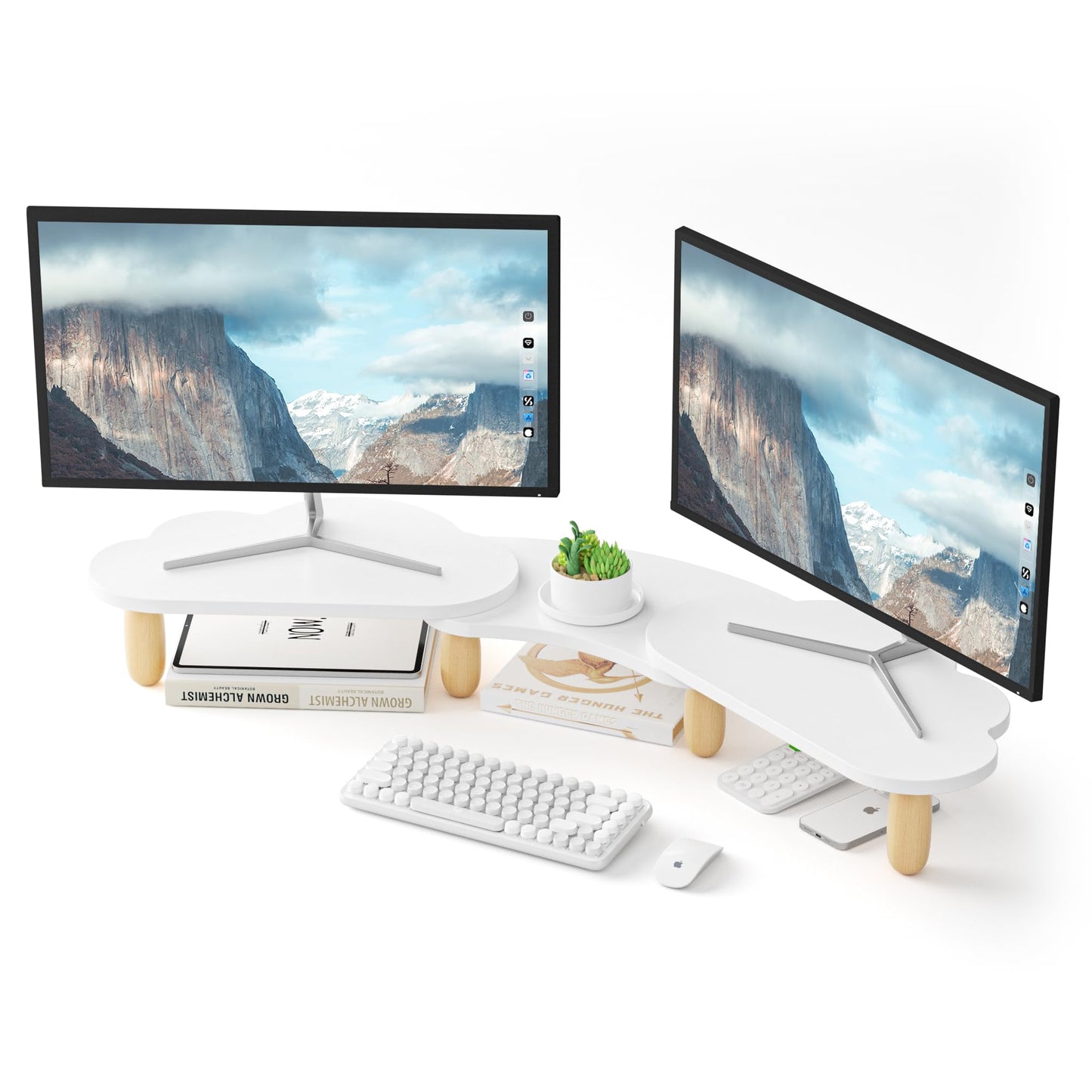 Afooyo Dual Monitor Stand Riser,Rainbow Cloud Desktop Computer Stand for 2 Monitors,Adjustable Length and Angle Multifunctional Desktop Organizer Stand for Laptop, PC, Computer, Printer,White