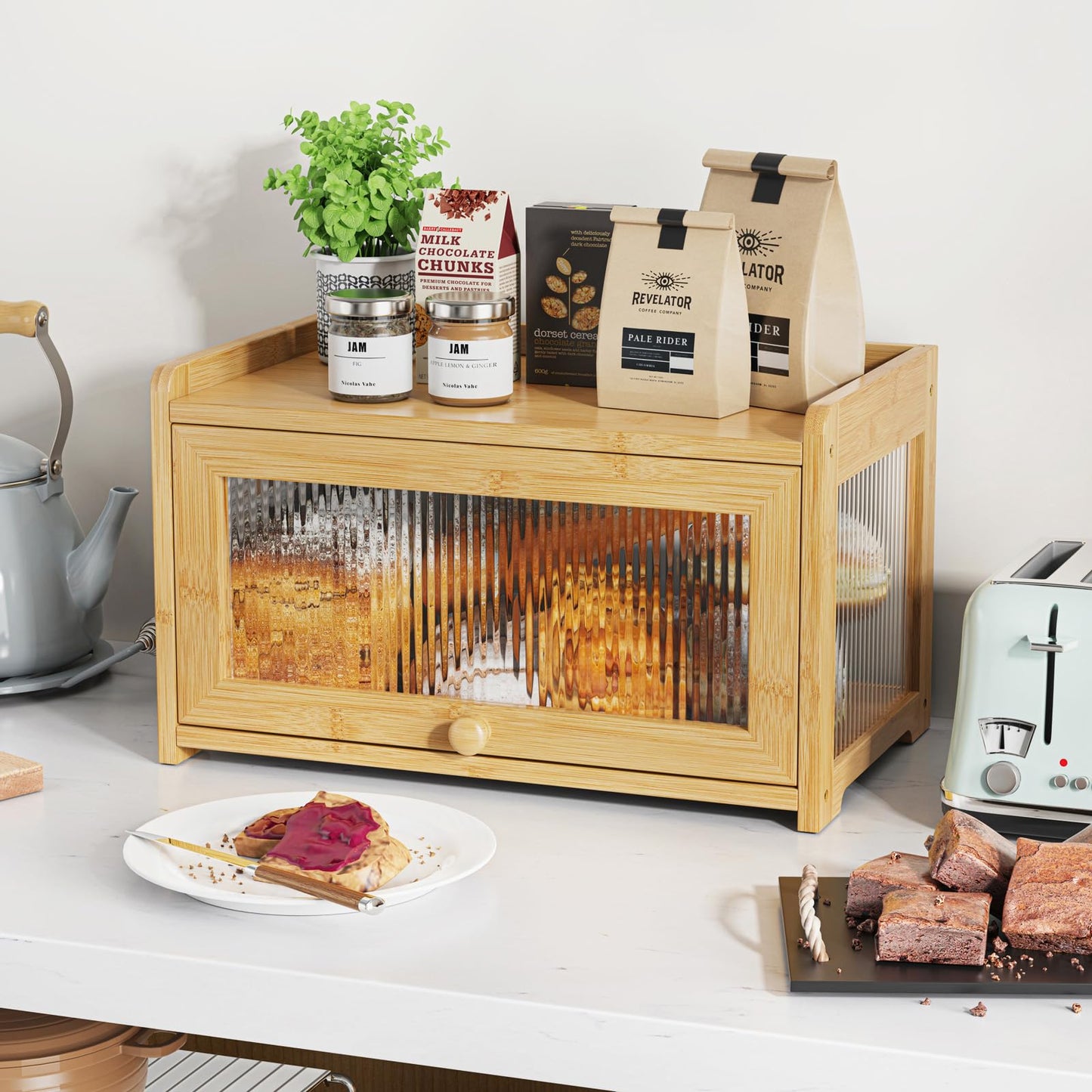 BAMBANG Extra Large Bamboo Bread Box for Kitchen Counter, Bread Storage Container Farmhouse Bread Box with 3 Sides Wavy & Back Clear Window, Breadbox Bread Bin Holder for Homemade Bread, Natural