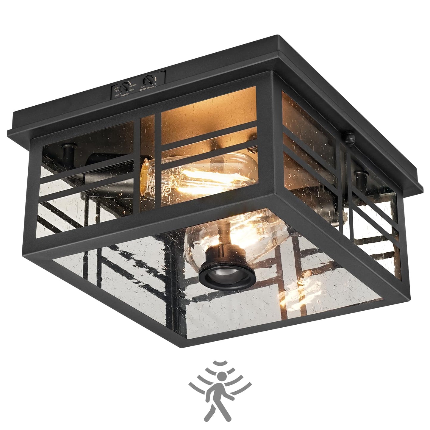 GOEBLESON Infrared Sensor Outdoor Ceiling Light, Flush Mount Motion Sensor Ceiling Light, 2-Light Black with Bubble Glass, Bulbs Not Included, 4 Modes, for Porch, Garage, Hallway, Patio, BQ08XD05W1