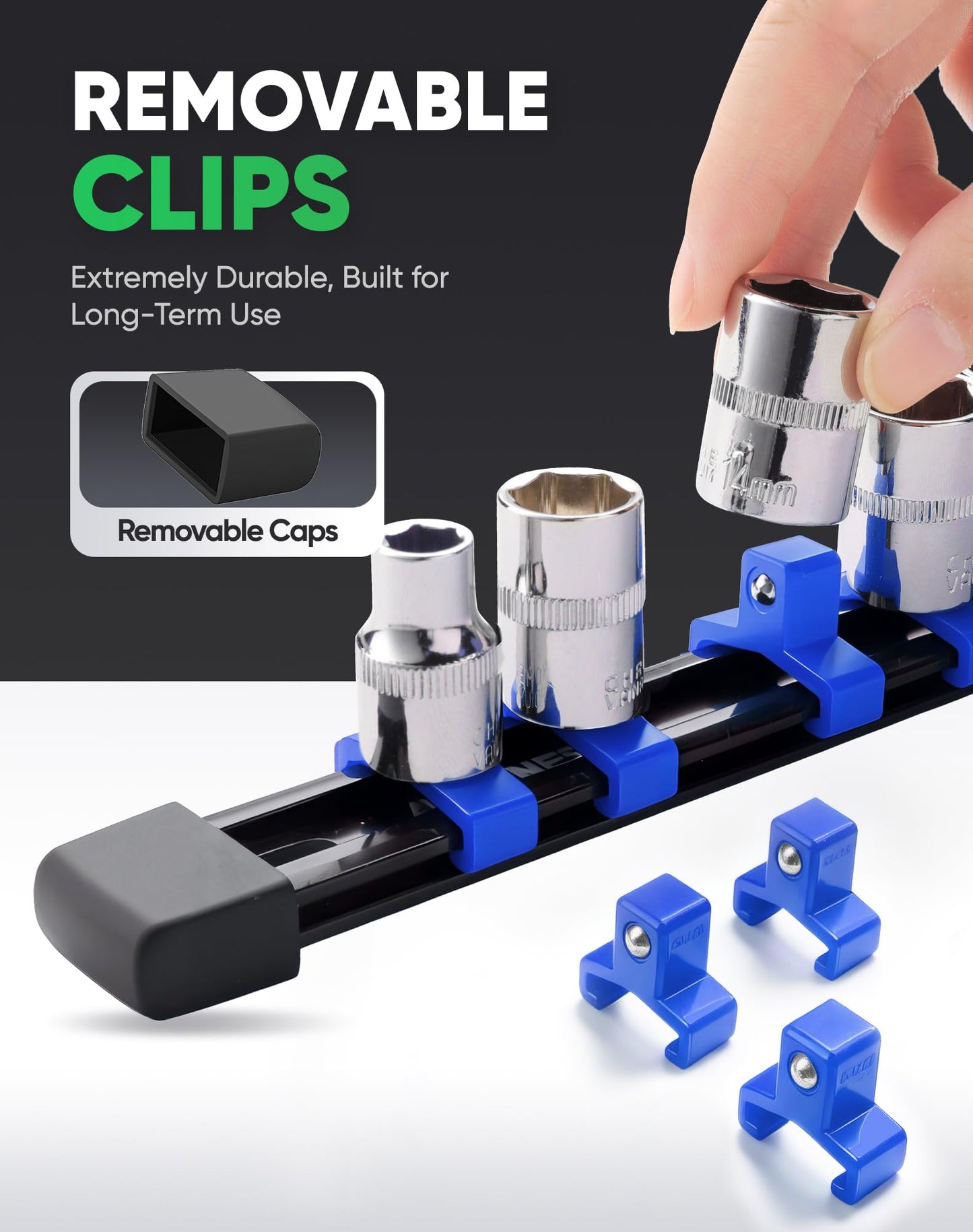 ALOANES 9 PC ABS Socket Organizer,1/2 inch, 3/8 inch, and 1/4 inch Drive Socket Rail Holders, Heavy Duty Socket Racks, Black Rails with Red&Blue&Black Clips x 129 Clips