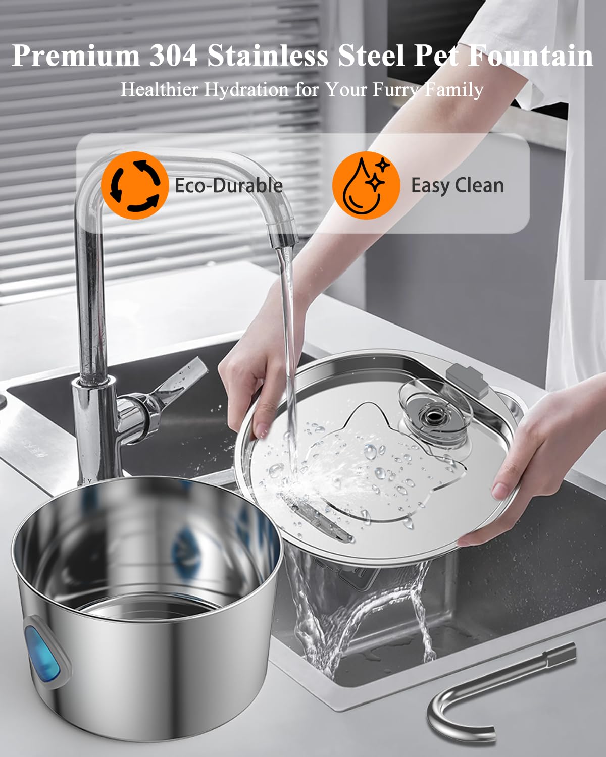 Cat Water Fountain Stainless Steel with 8 Filters Kit, 3.2L/108oz Automatic Pet Drinking Dispenser with Faucet & Flower Mode, Quiet Electric Metal Water Bowl for Indoor Cats S/M Dogs Pets