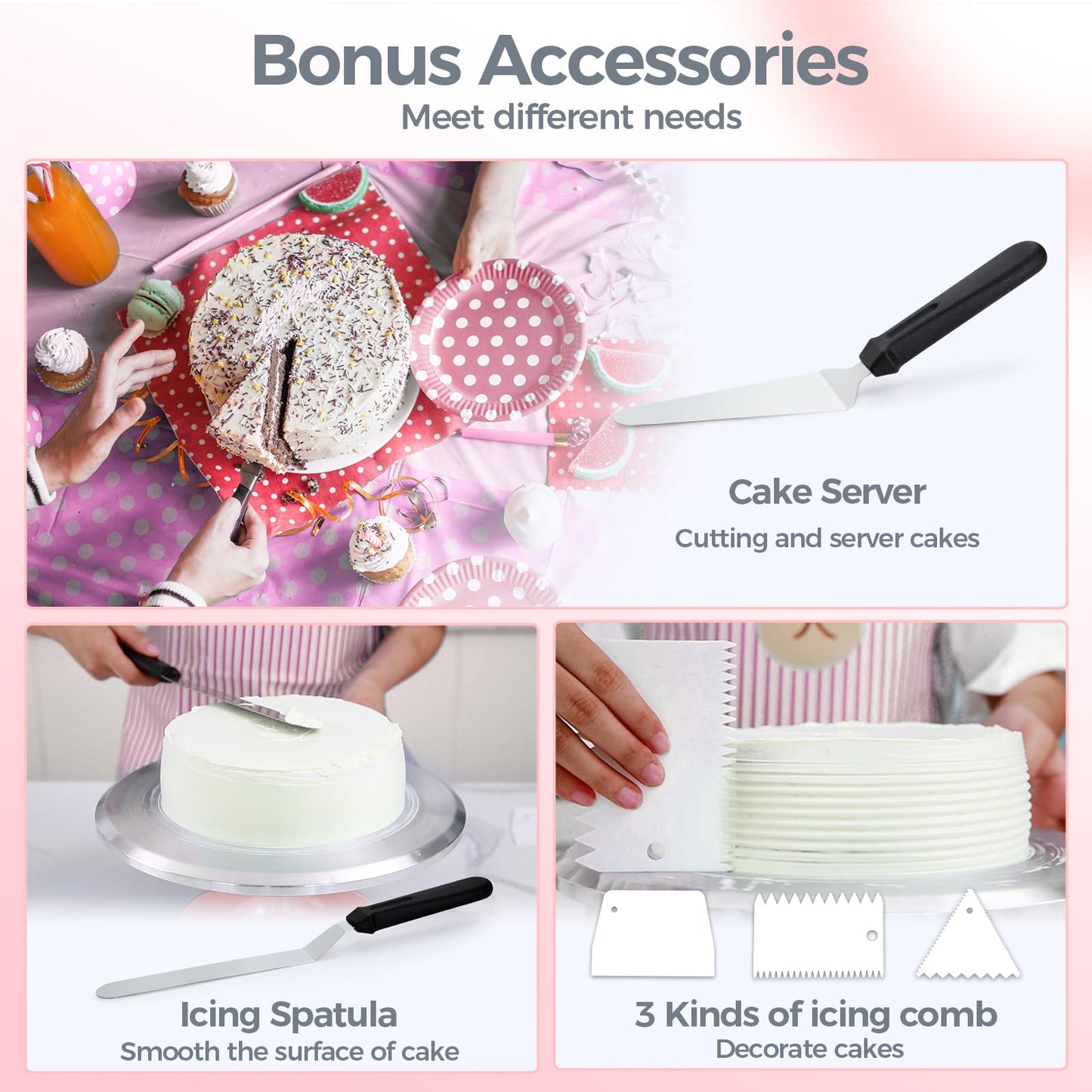 Ohuhu 12 Inch Cake Turntable - 360° Rotating Aluminum Cake Stand Decorating Kit with 2 Icing Spatulas & 3 Smoother Tools, Professional Baking Supplies for Home, Parties, Picnics, Gift for Mother