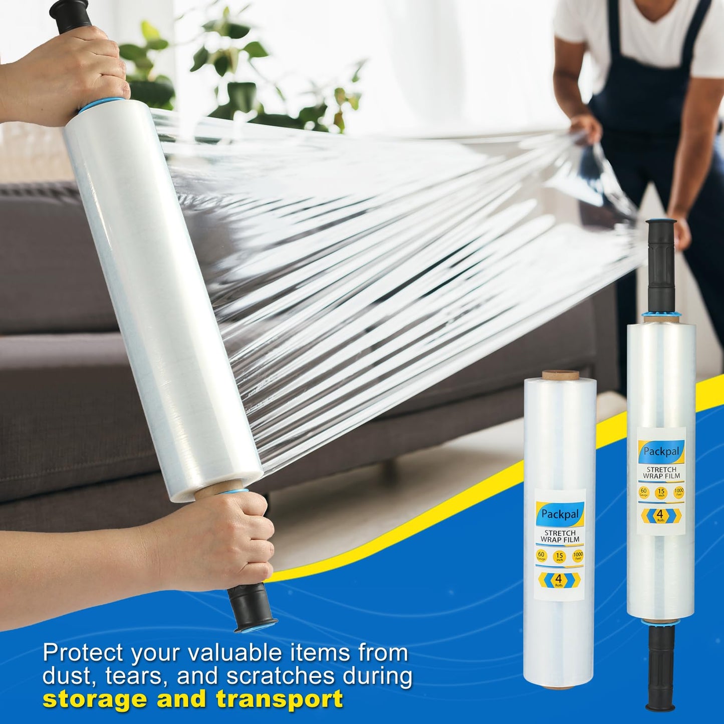 Packpal Shrink Wrap 4 Rolls (6000FT Total), Clear Stretch Film Wrap with Handles for Home Moving, Furniture, Warehouse Pallet, Storage 15 Inch x 1000FT