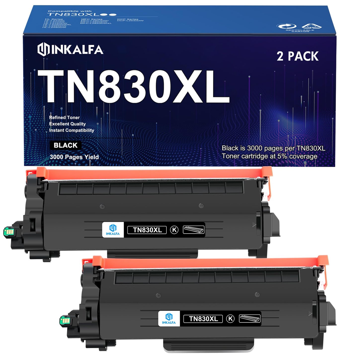 TN830XL TN830 High Yield Toner Cartridge Compatible Replacement for Brother TN830 XL TN-830XL for Brother HL-L2400D HL-L2405W HL-L2480DW DCP-L2640DW HL-L2460DW MFC-L2820DW Printer (2-Black)