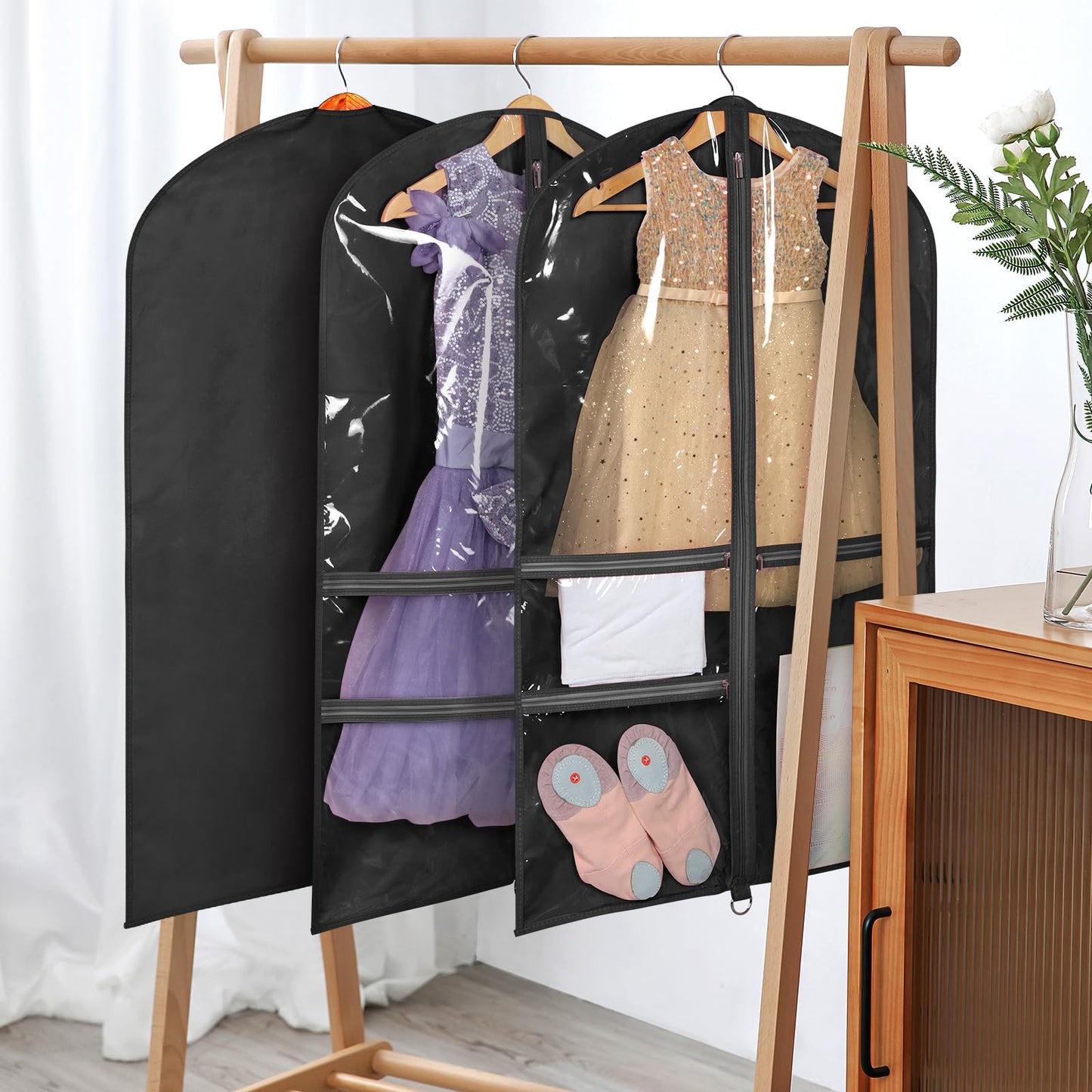 KEEGH Dance Costume Bags Garment Bag 40 Inch Hanging Clothes for Dance Competitions, with 3 Medium Clear Zipper Pockets for Dance Costumes, Closet Storage (Black) - 8 Pack