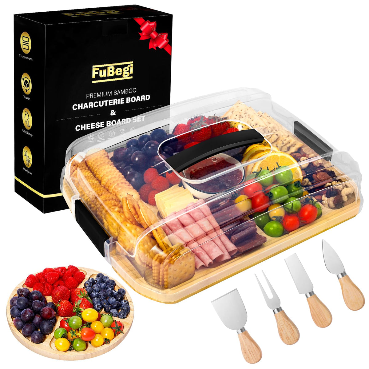 Portable Travel Charcuterie Board with Lid, 2 Sided Covered Cheese Serving Board to Go with 7 Compartments, Bamboo Charcuterie Box Gift Set with Round Fruit Tray for Picnic Travelling Gatherings
