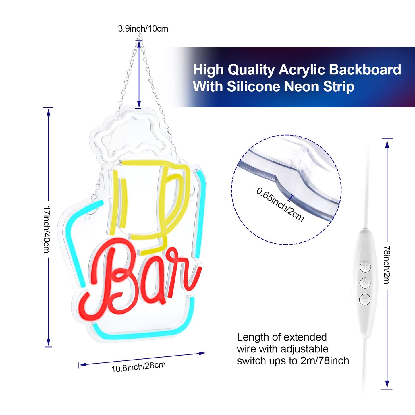 FITNATE Bar Neon Sign, LED Neon Light Sign 17x10.8‘’ USB Powered Decorative Bar Open Sign for Home Bar Store Party Decor, Includes Business Hours Sign