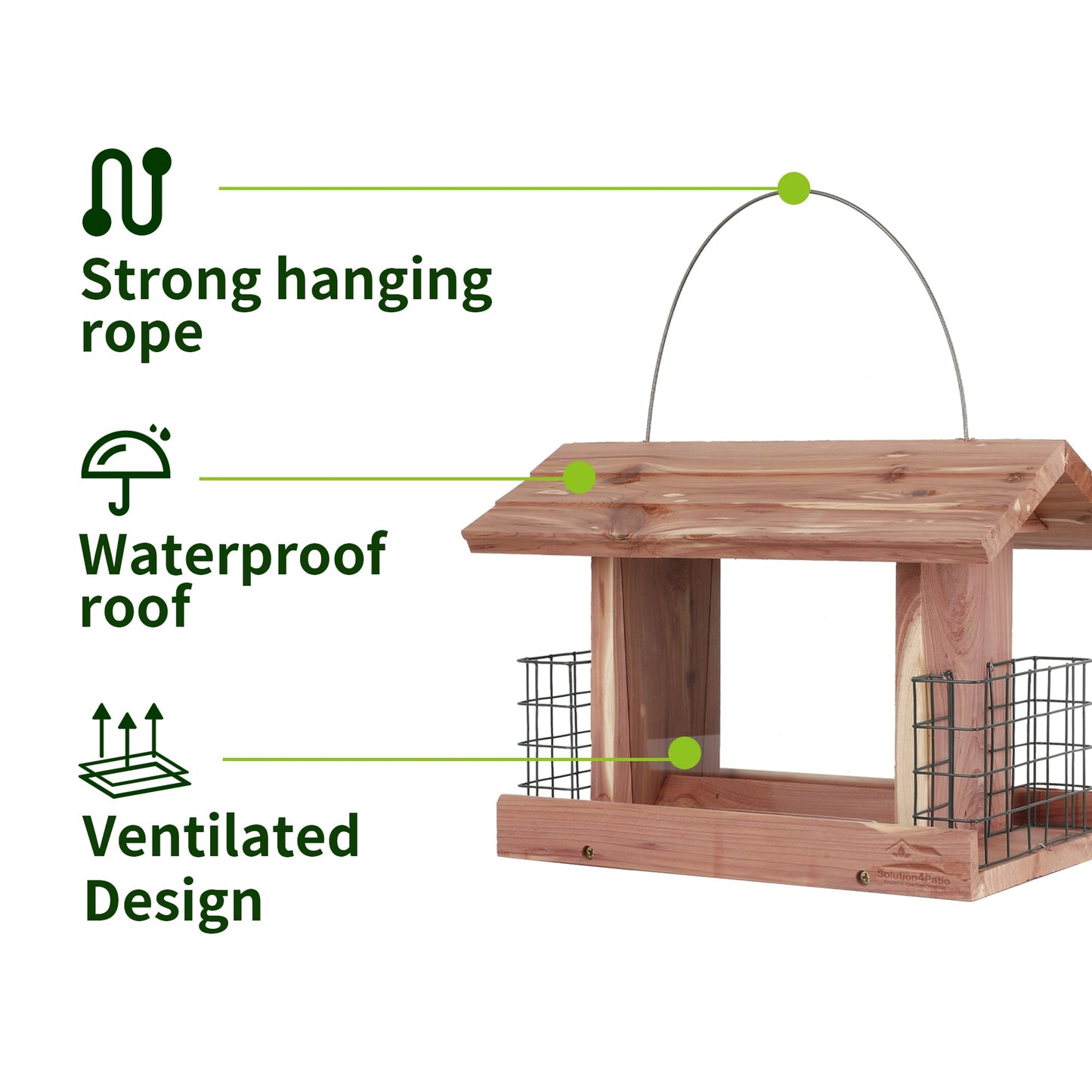 Solution4Patio USA Cedar Bird Feeder, Mangeur d'oiseaux extérieur, Wildbird Essentials Handmade Wooden Outdoor Patio Garden Yard Coop Tree Hanging with Double Plastic Window and Double Suet Holder