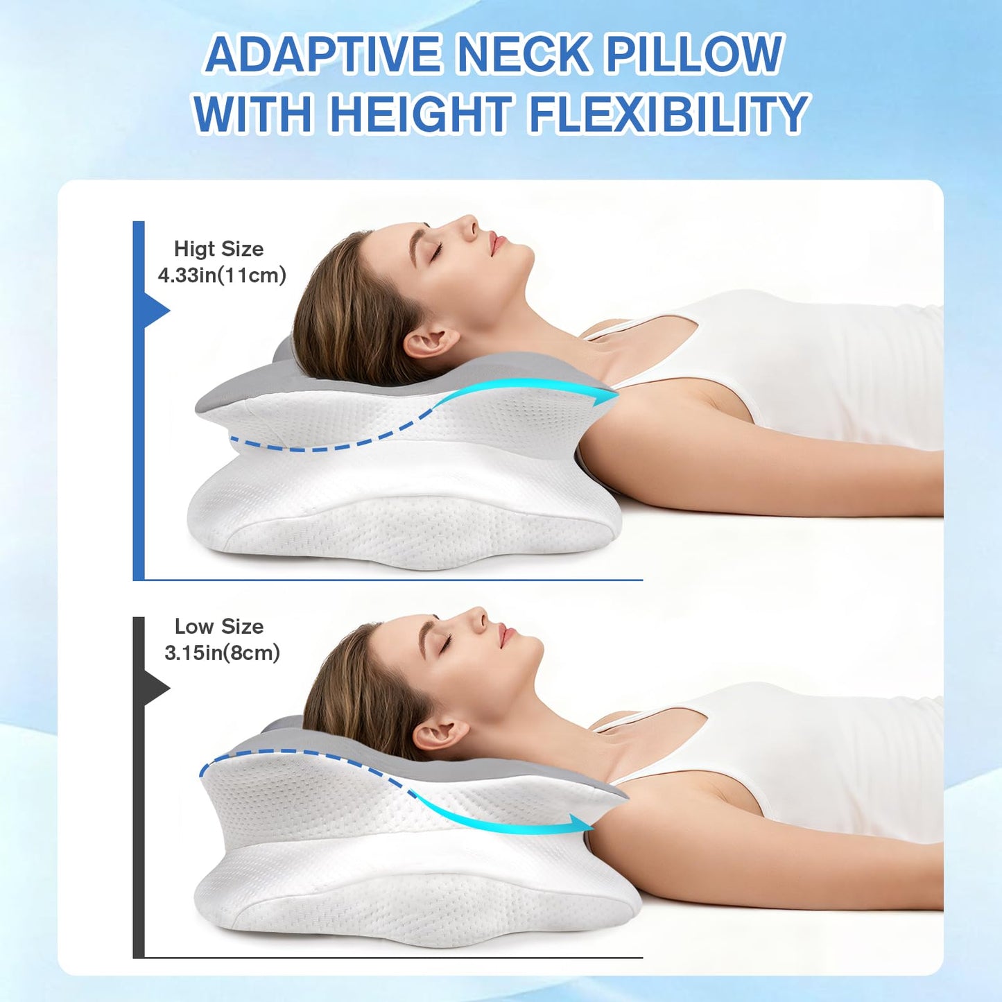 Uvellgift Cervical Neck Pillow, 2 Heights Neck Support Pillow for Neck Pain & Snoring Relief, Ergonomic Pillow for Side and Back Sleepers, Sleep Apnea Pillow with Breathable Ice Silk Cover (Grey)