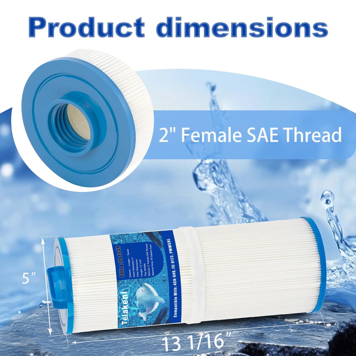 Telakeni 2 Pack 4CH-949 Spa Hot Tub Filter Compatible with Pleatco PWW50L, Unicel 4CH-949, Filbur FC-0172, SD-01143, 817-4050,AK-90091 Rising Dragon 50, Waterway Teleweir 50 sqft.