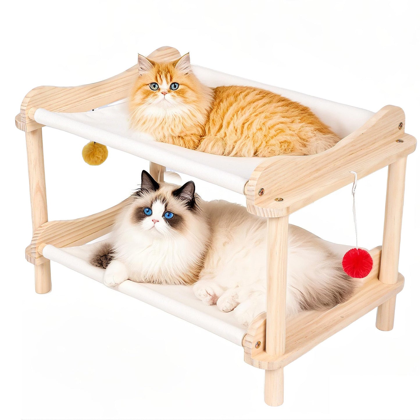 MITREL Large 2-Layer Cat Hammock Bed, 24"x15.7"x16.3" Elevated Cat Bed with Pine Wood Frame, Breathable Washable Covers, Wooden Pet Furniture for Indoor Cats and Small Animals
