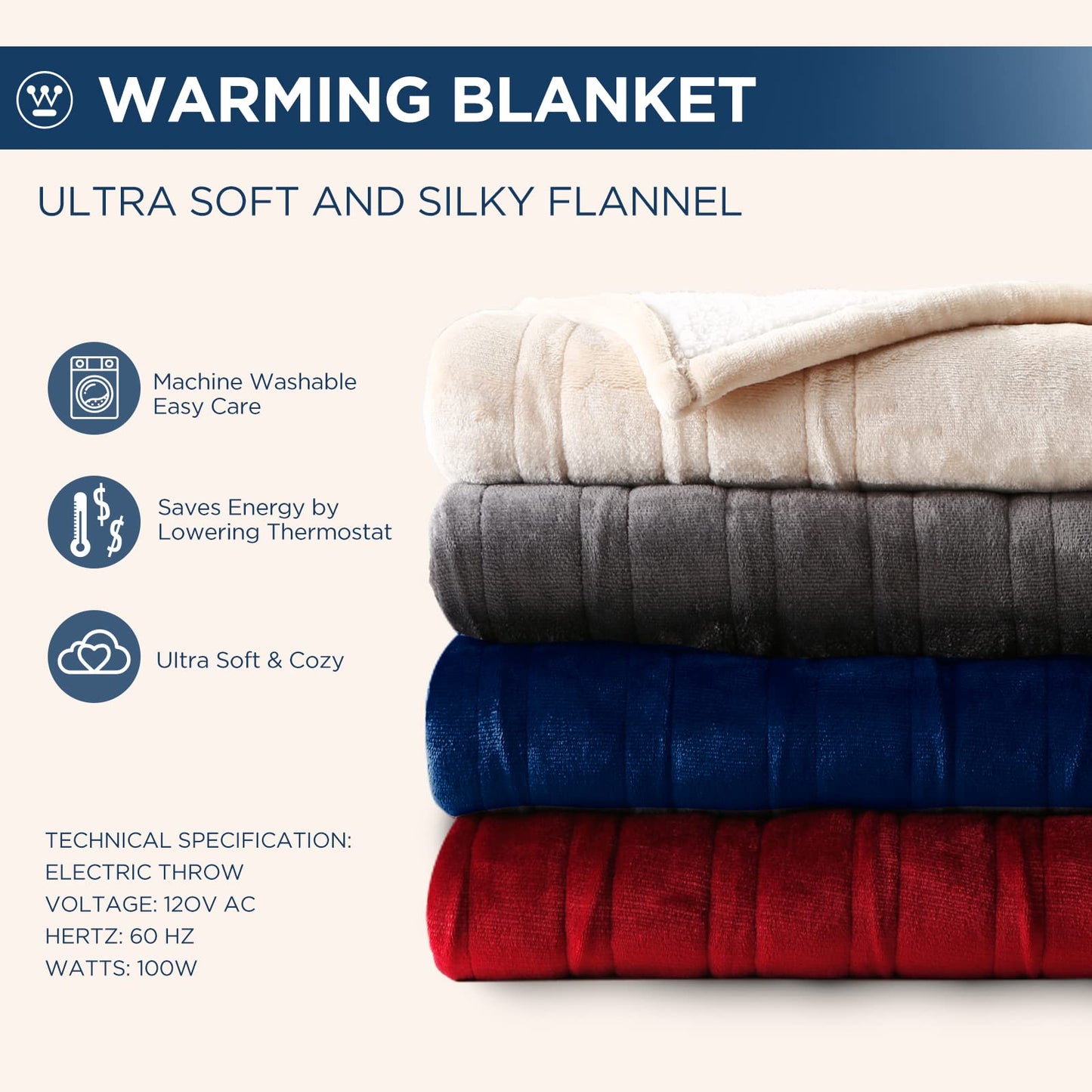 Westinghouse Electric Blanket Throw Heated Blanket with 6 Heating Levels and 2-10 Hours Time Settings, Flannel to Sherpa Super Cozy Heated Blanket Machine Washable, 50x60 inch, Beige