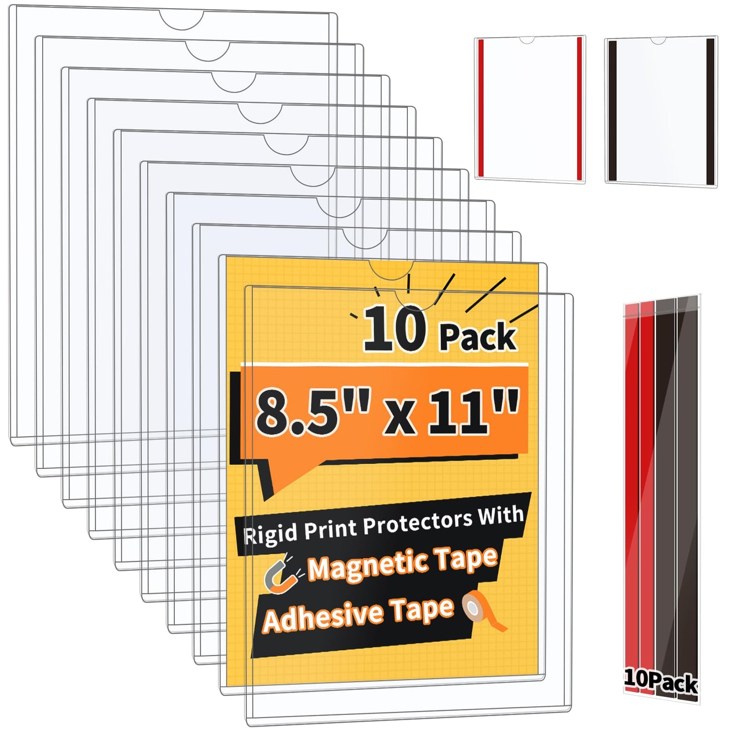 PUJIANG 10 Pack Magnetic Sign Holder 8.5 x 11 Wall Mount | Adhesive Document Frame for Posters, Menus, Notices | Rigid Plastic Sheet Protector with Strong Magnet Strips & Adhesive Tape | for Office Door, Retail Glass, Metal Surfaces