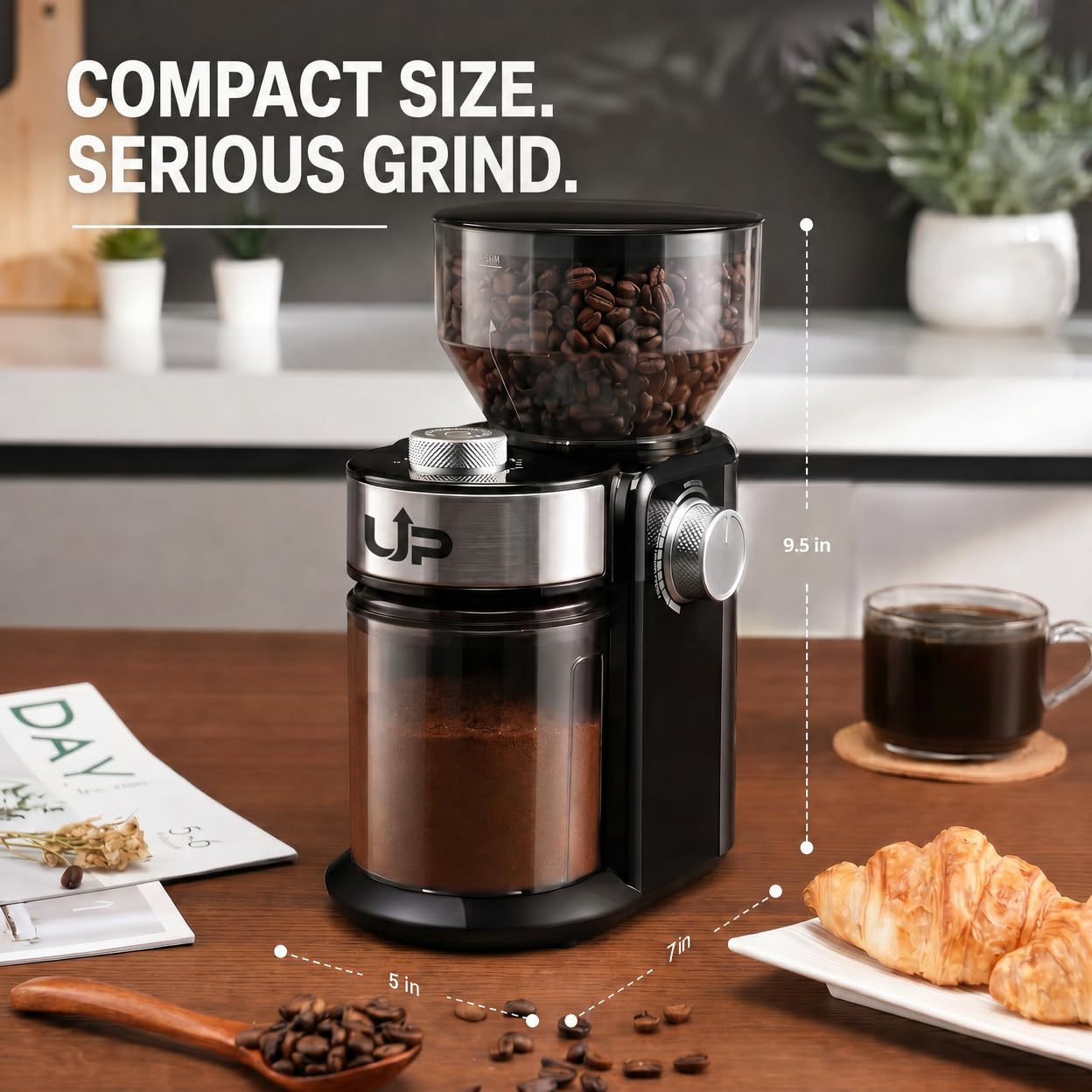 Electric Burr Coffee Grinder, Flat Burr & 16 Precise Grind Settings, Stainless Steel Bean Grinder for Espresso, French Press & Drip, Portion Control, Easy Clean, 2-14 Cup