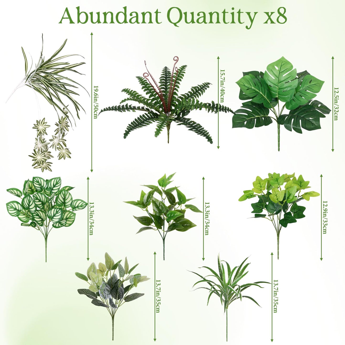 UXORSN 8 Bundles Artificial Outdoor Plants UV Resistant Artificial Greenery Stems Fake Ferns Shrubs Bushes Spring Summer Plastic Green Plants for Planter Garden Outside Porch Patio Decor