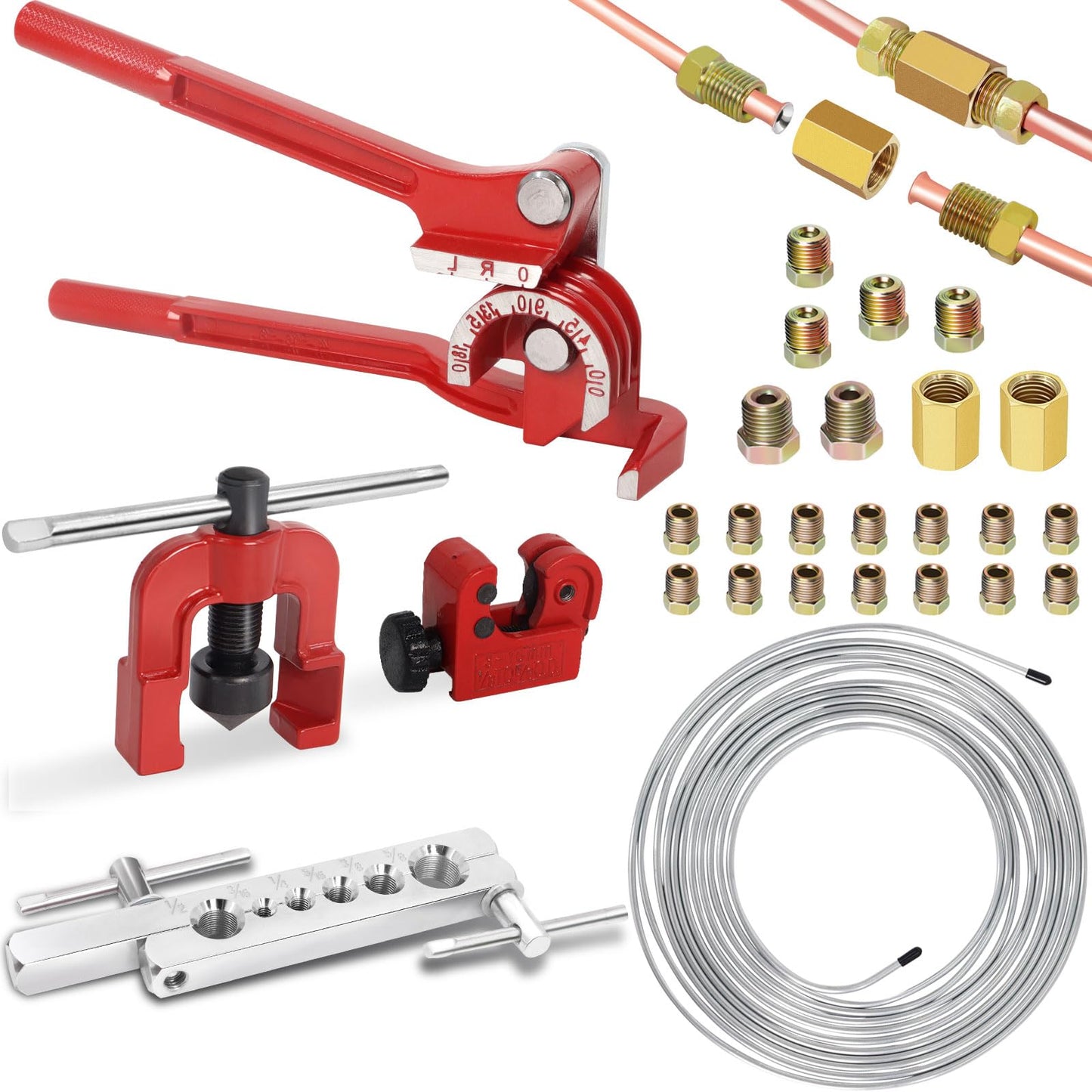 Brake Line Flaring Tool Kit Include 25Ft 3/16" Copper Coated Brake Line Tubing Kit with Fittings(16 Fittings, 2 Unions and 4 Nuts) Brake Tube Bender, Single Flare Tool, Tube Cutter