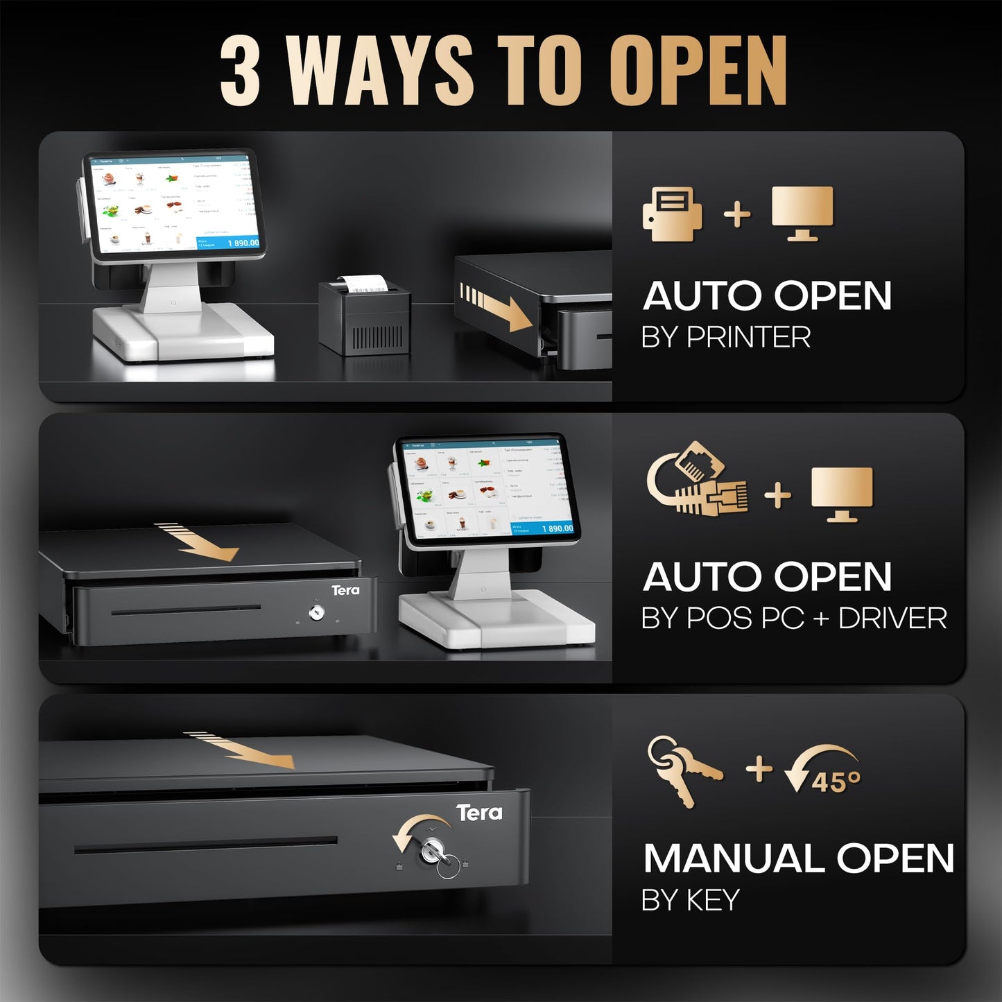 Tera 13" Auto Open Cash Register Drawer Heavy Duty with Fully Removable Insert Tray 5 Keys 4 Bill 6 Coin Media Slot 24V RJ12 Key-Lock (Round Corner) for Point of Sale (POS) System Small Business 330R