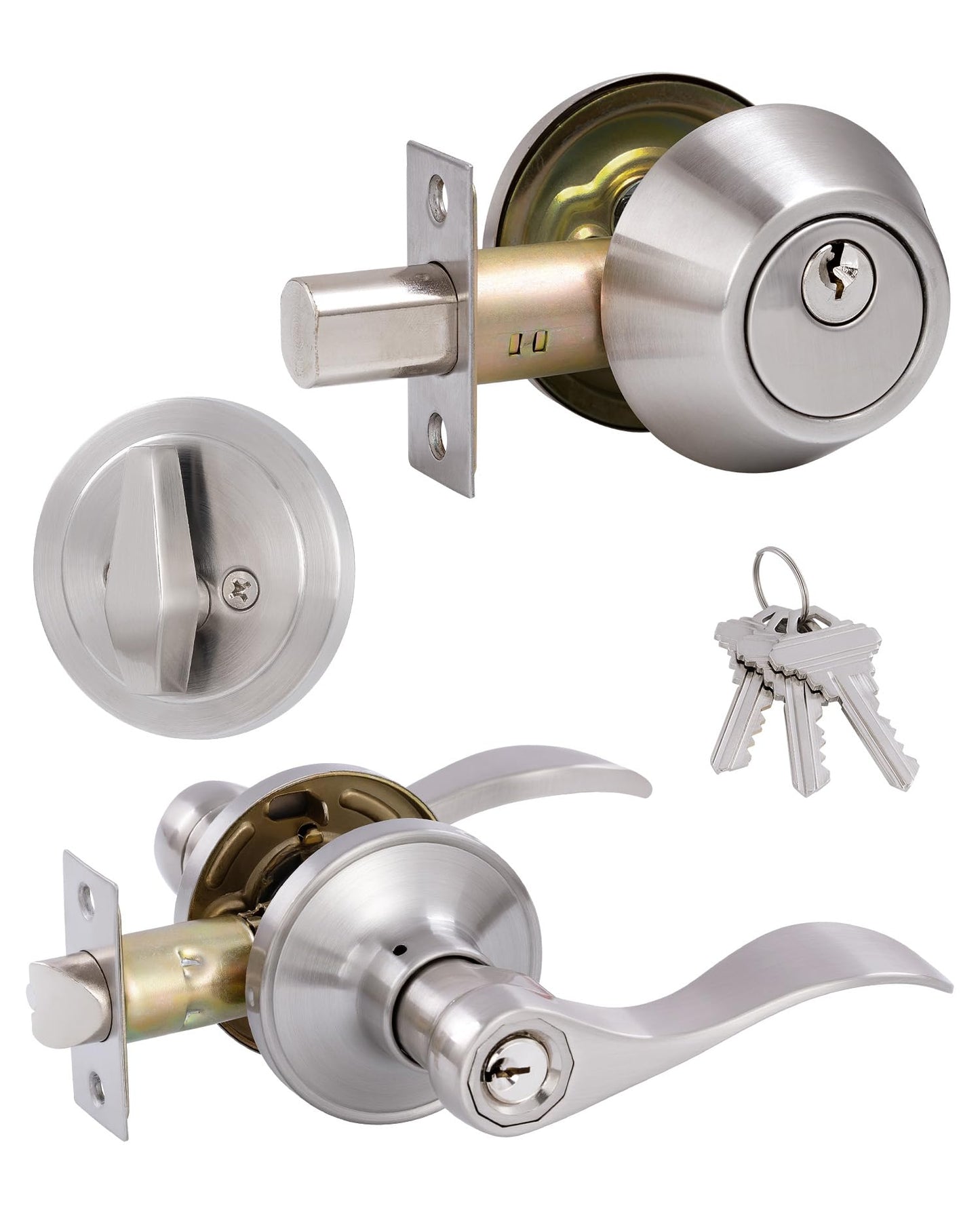 （1 Pack） Keyed Alike Front Door Lever Lockset with Single Cylinder Deadbolt Combination Set， Wave Style Lever, Front Door/Exterior Door Knob with Lock and Deadbolt， Satin Nickel Finished