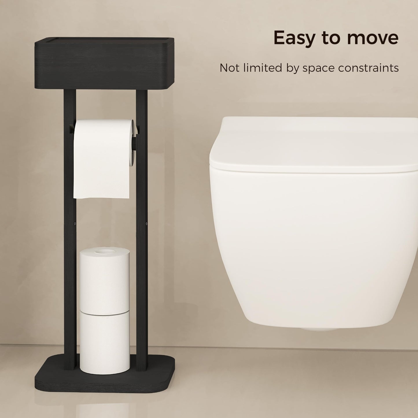 Wealone 4-in-1 Black Toilet Paper Holder Stand with Storage Shelf Box, Bamboo Free Standing Toilet Tissue Roll, Toilet Wipes Dispenser Organizer, Temporary Desktop for Bathroom (Patent Protection)