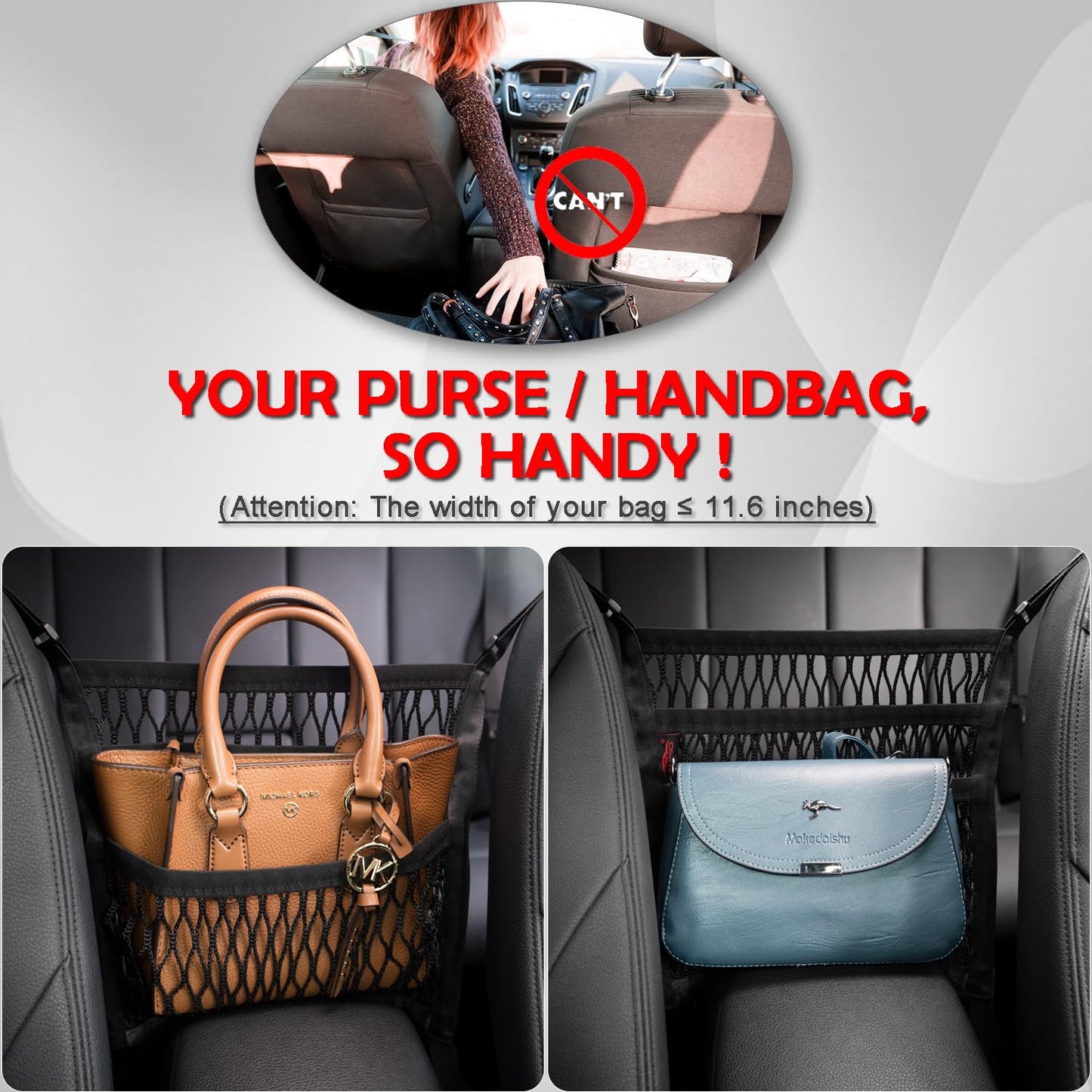 AMEIQ Car Accessories, Organizer Storage Between Front Seats, Purse Handbag Holder of 3 Layers Mesh Net Pocket Bag, Backseat Dog Pet Barrier