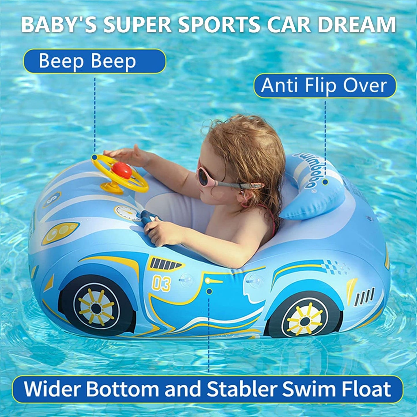 Baby Pool Float with Canopy, PVC Baby Swim Float with Sun Shade Cover, 3D Car Toddler Pool Float Swimming Floats Seat Boat for 12-18, 12-24 Months, Age 2-3, 1-4 Years (Blue Canopy)
